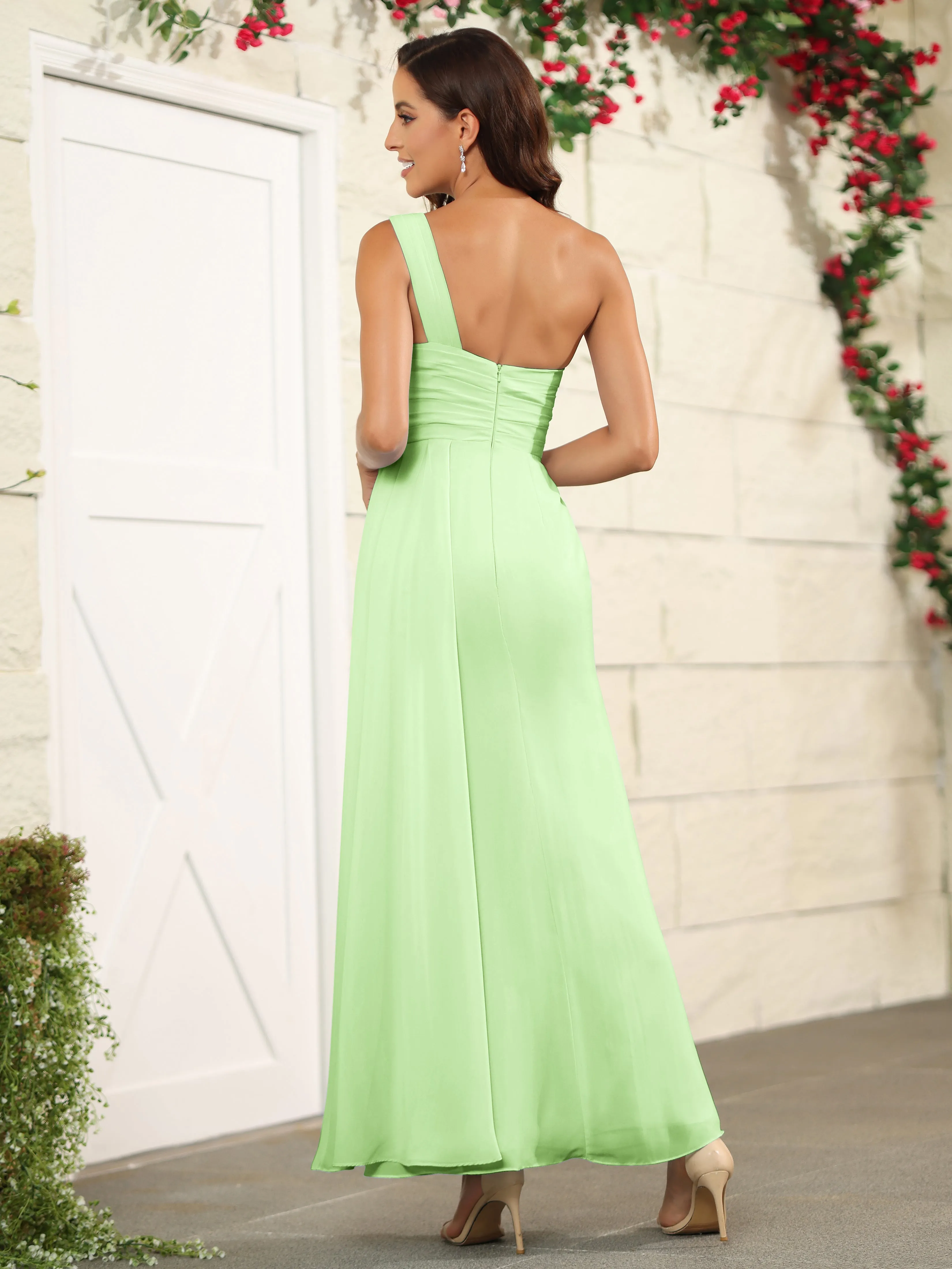 One Shoulder Chiffon Long Bridesmaid Dress with Split