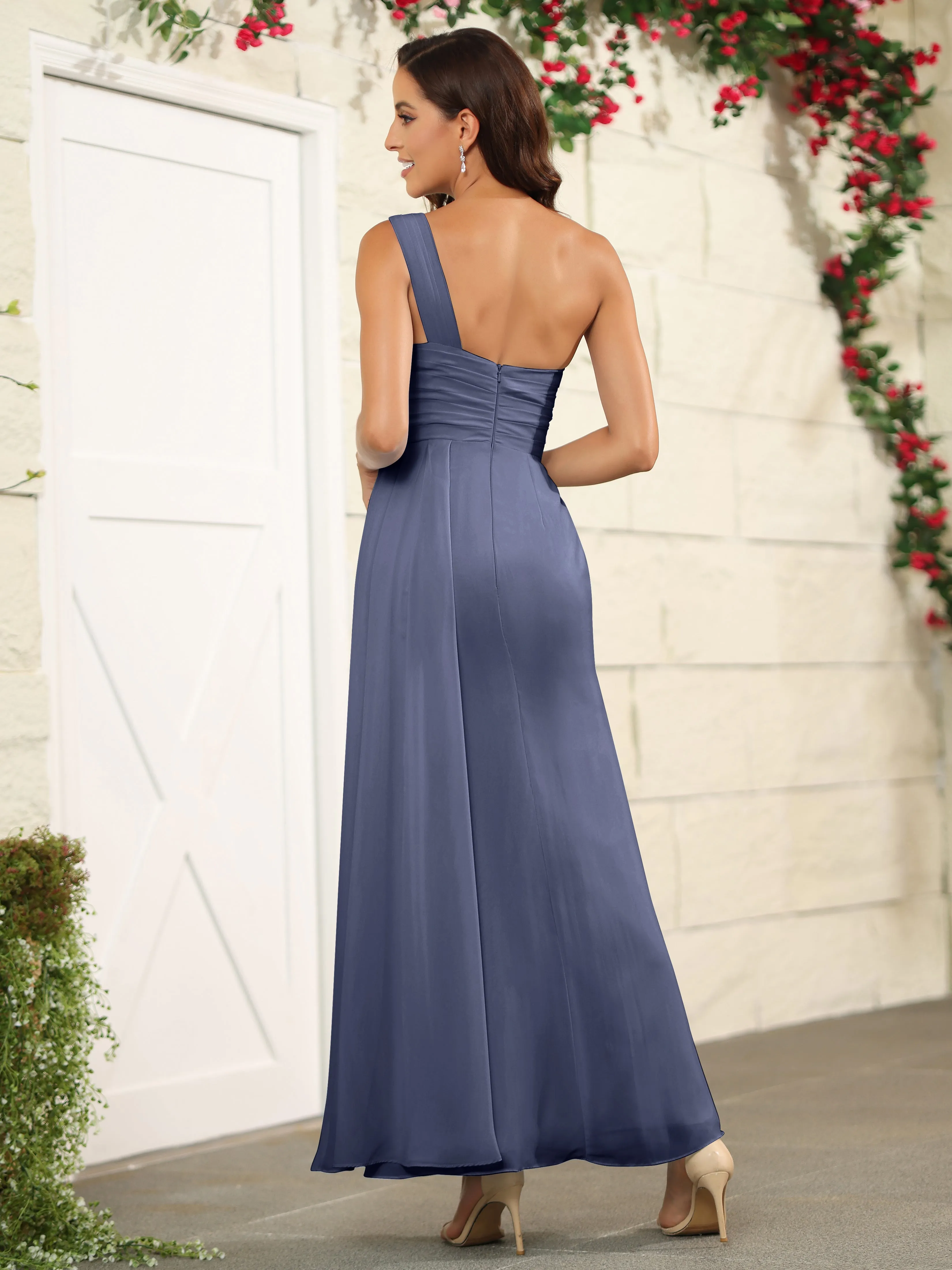 One Shoulder Chiffon Long Bridesmaid Dress with Split