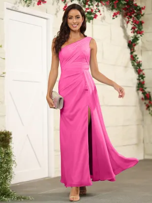 One Shoulder Chiffon Long Bridesmaid Dress with Split