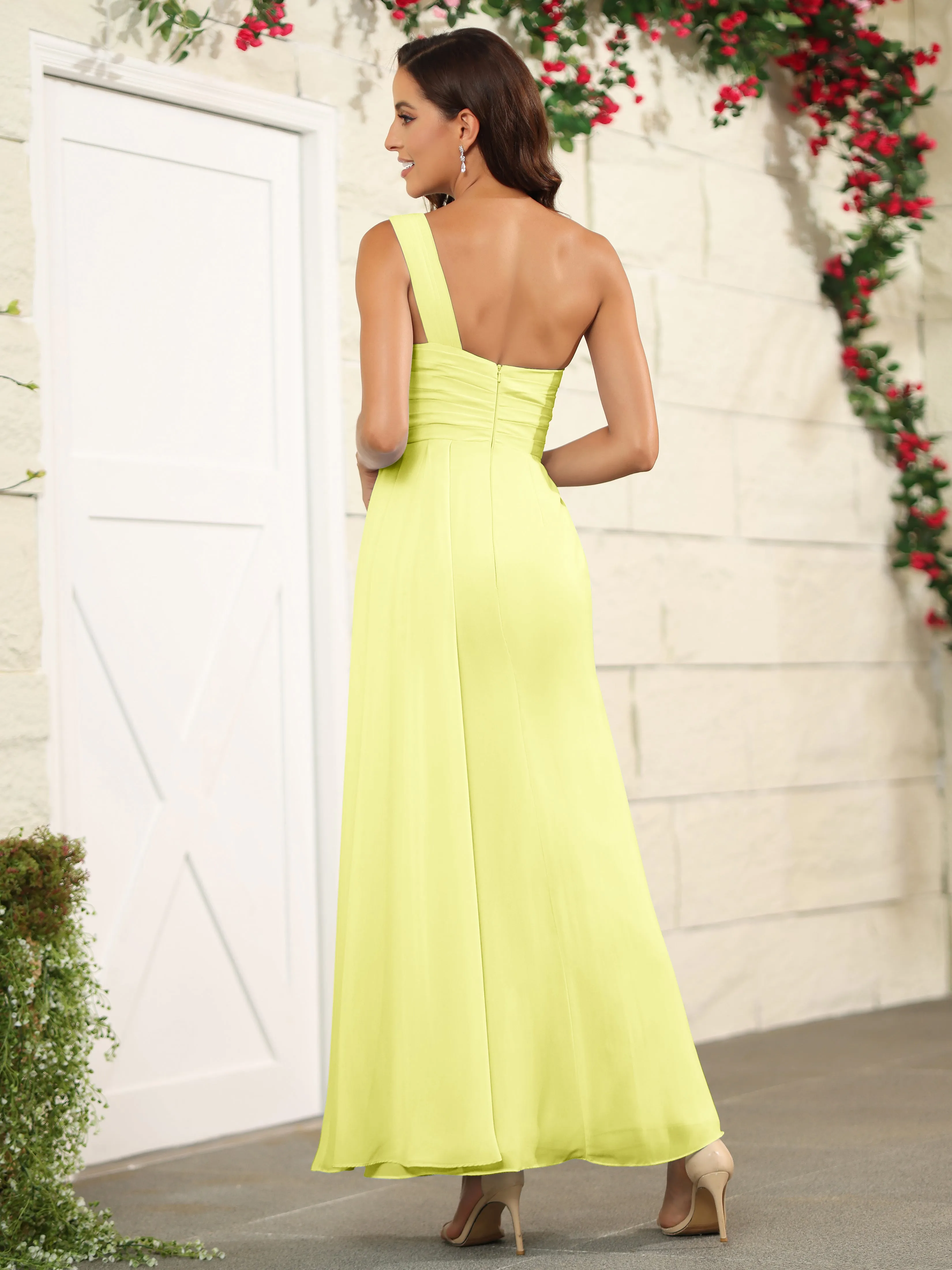 One Shoulder Chiffon Long Bridesmaid Dress with Split