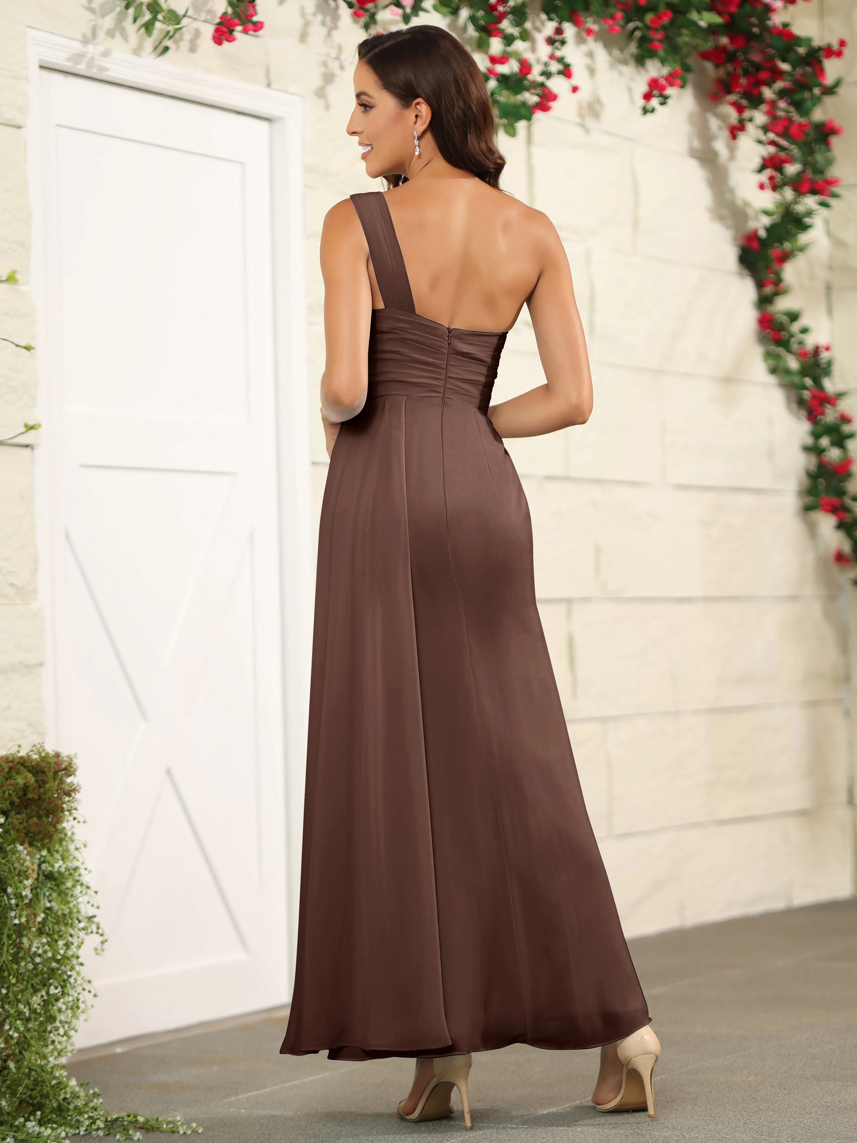 One Shoulder Chiffon Long Bridesmaid Dress with Split