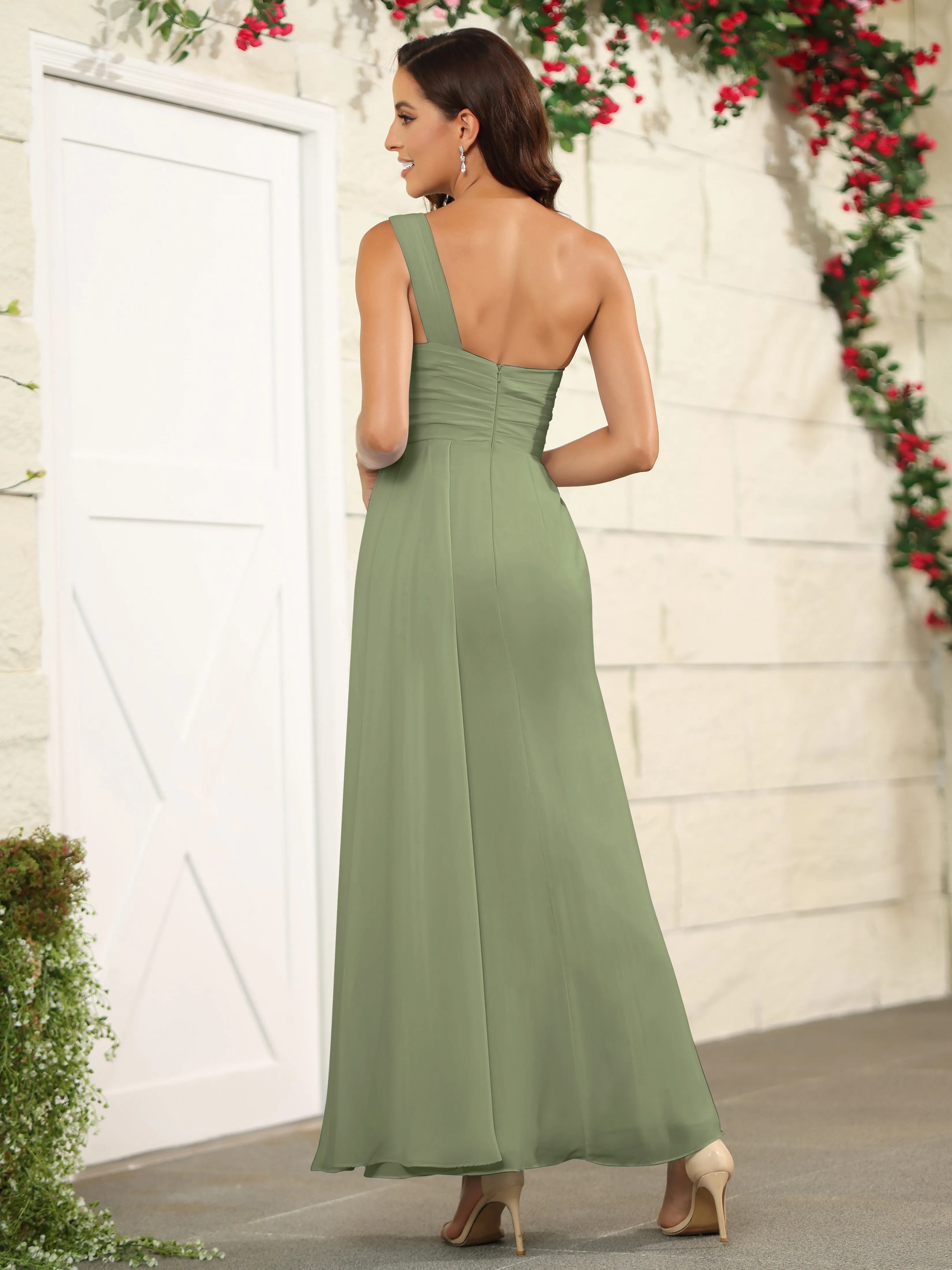 One Shoulder Chiffon Long Bridesmaid Dress with Split
