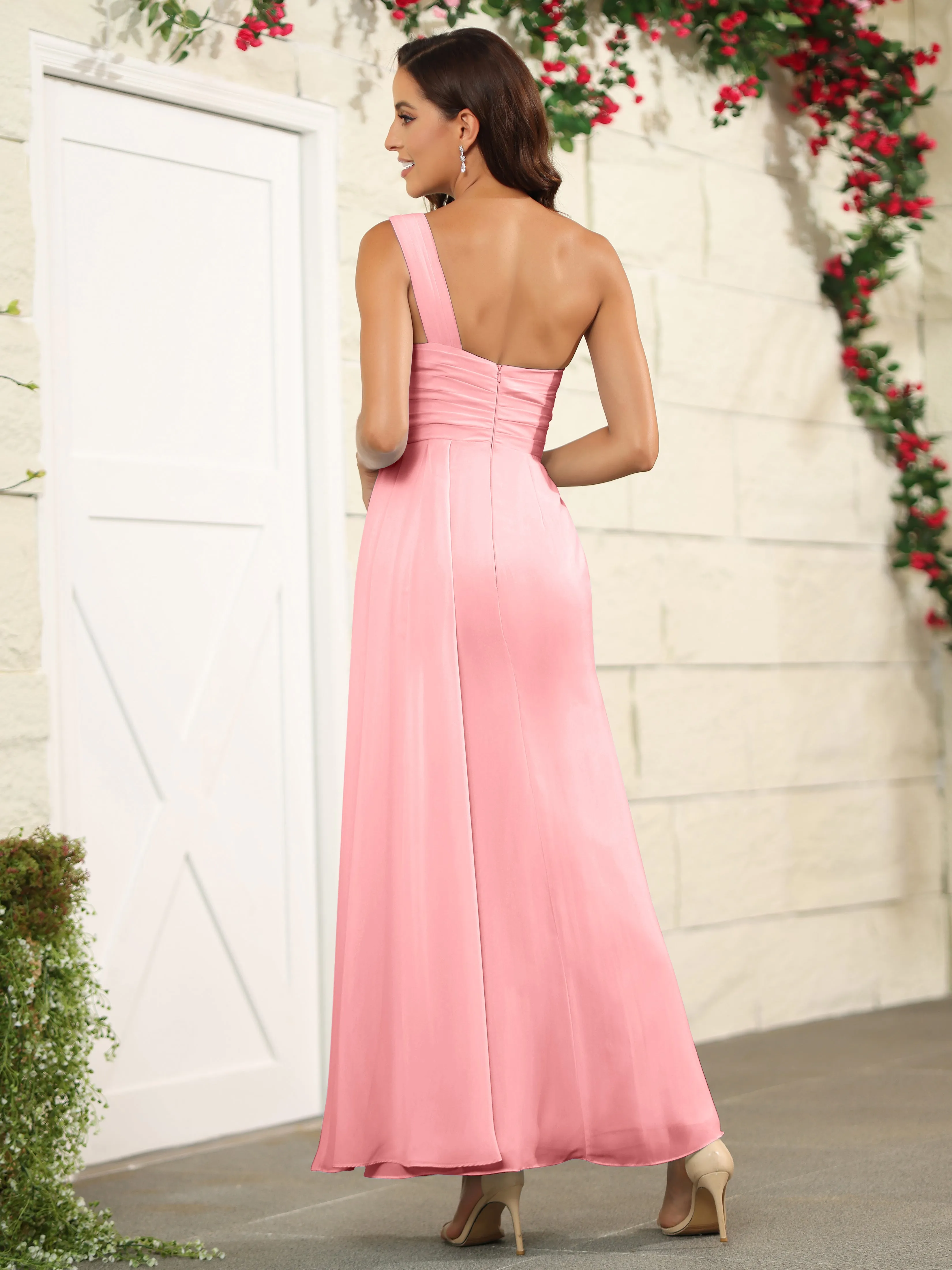 One Shoulder Chiffon Long Bridesmaid Dress with Split
