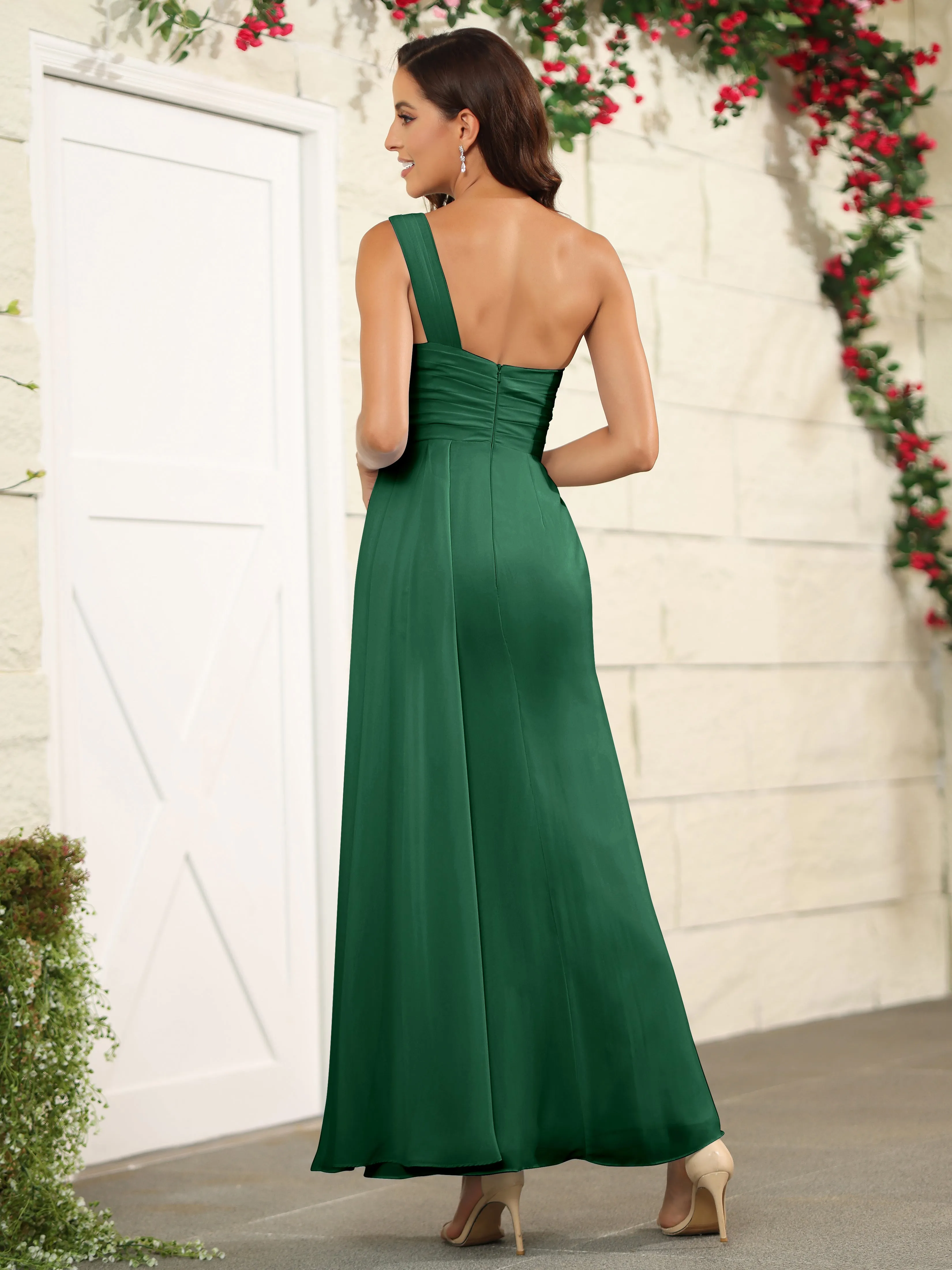 One Shoulder Chiffon Long Bridesmaid Dress with Split