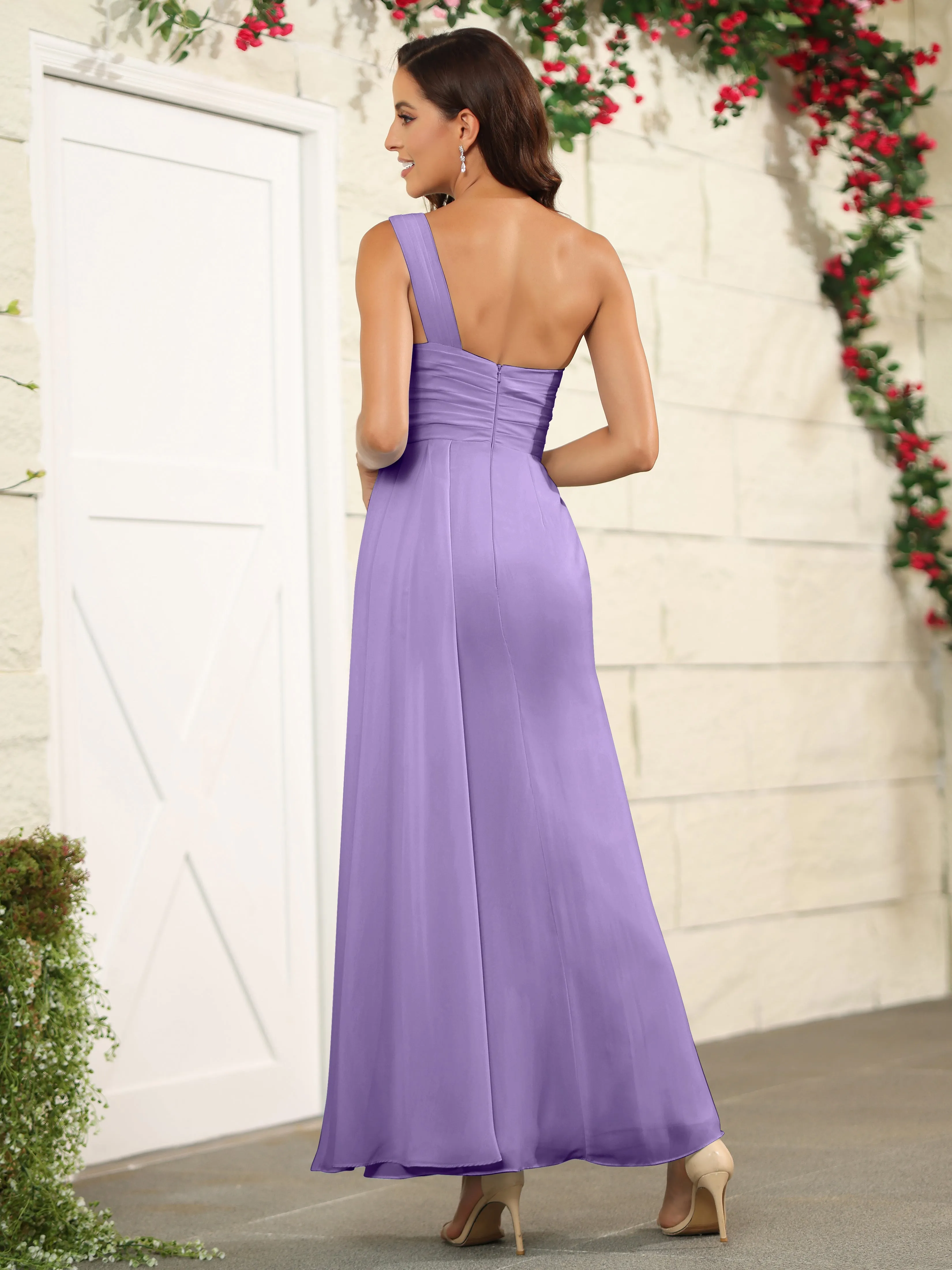 One Shoulder Chiffon Long Bridesmaid Dress with Split