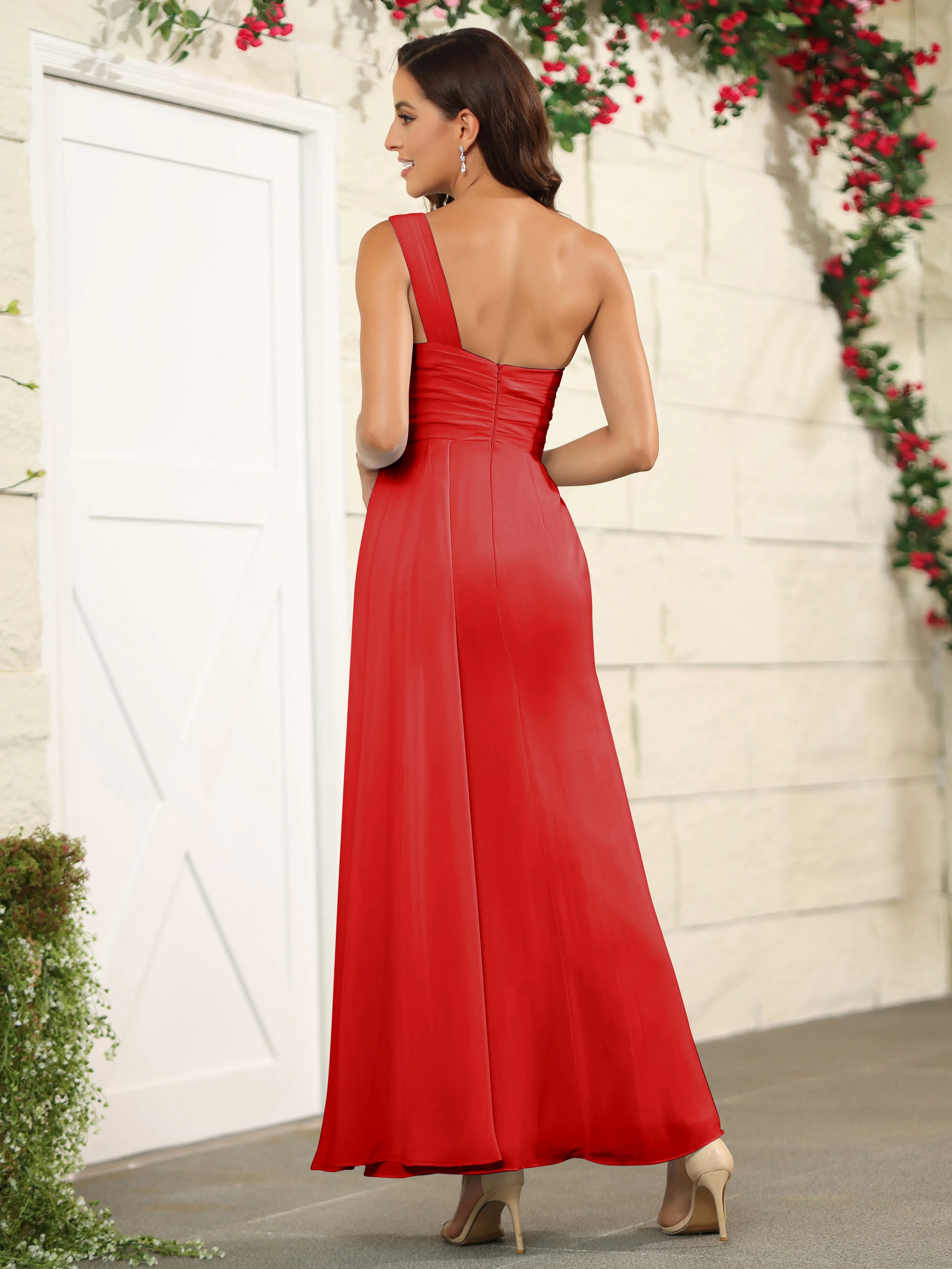 One Shoulder Chiffon Long Bridesmaid Dress with Split