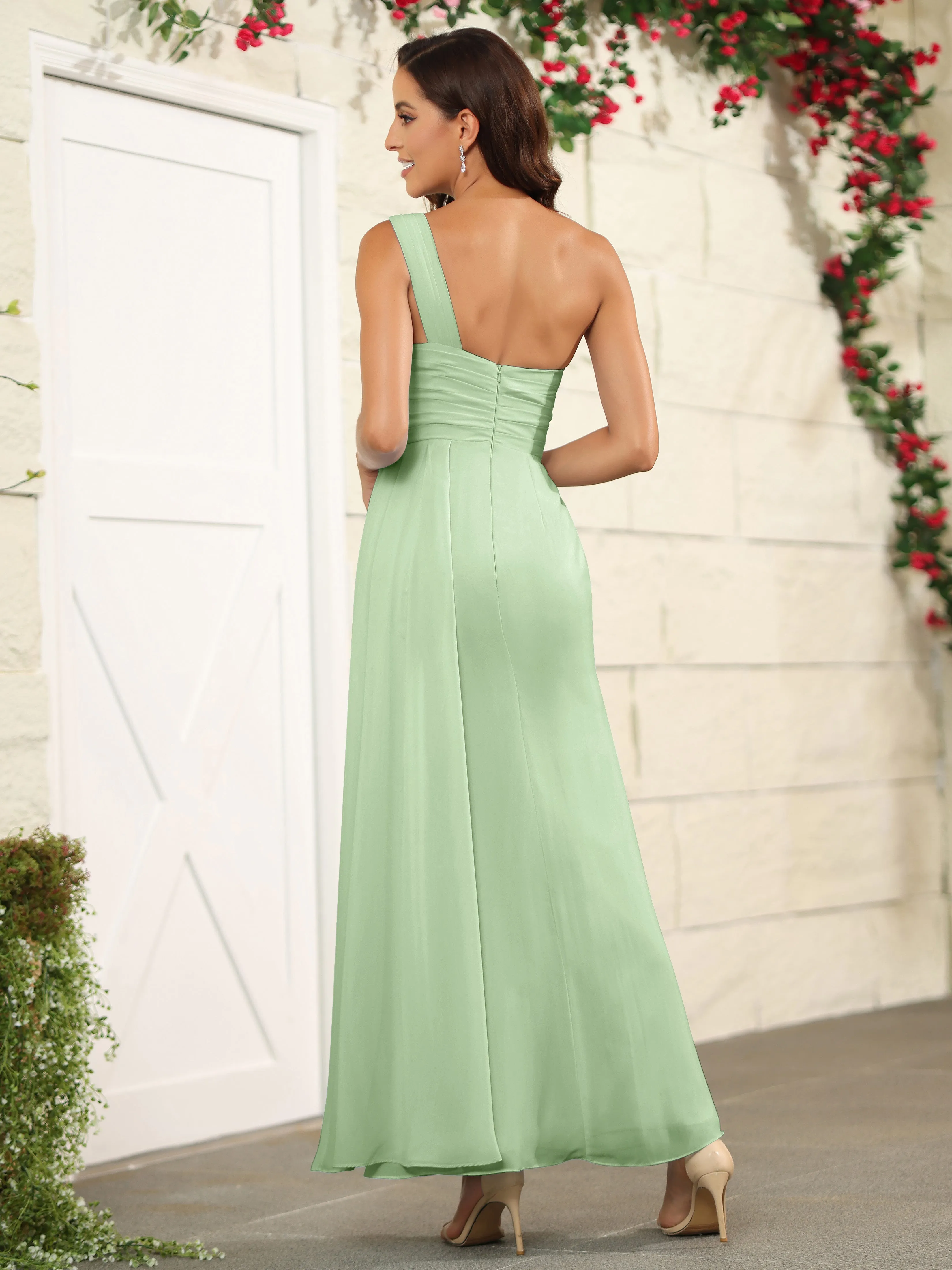 One Shoulder Chiffon Long Bridesmaid Dress with Split