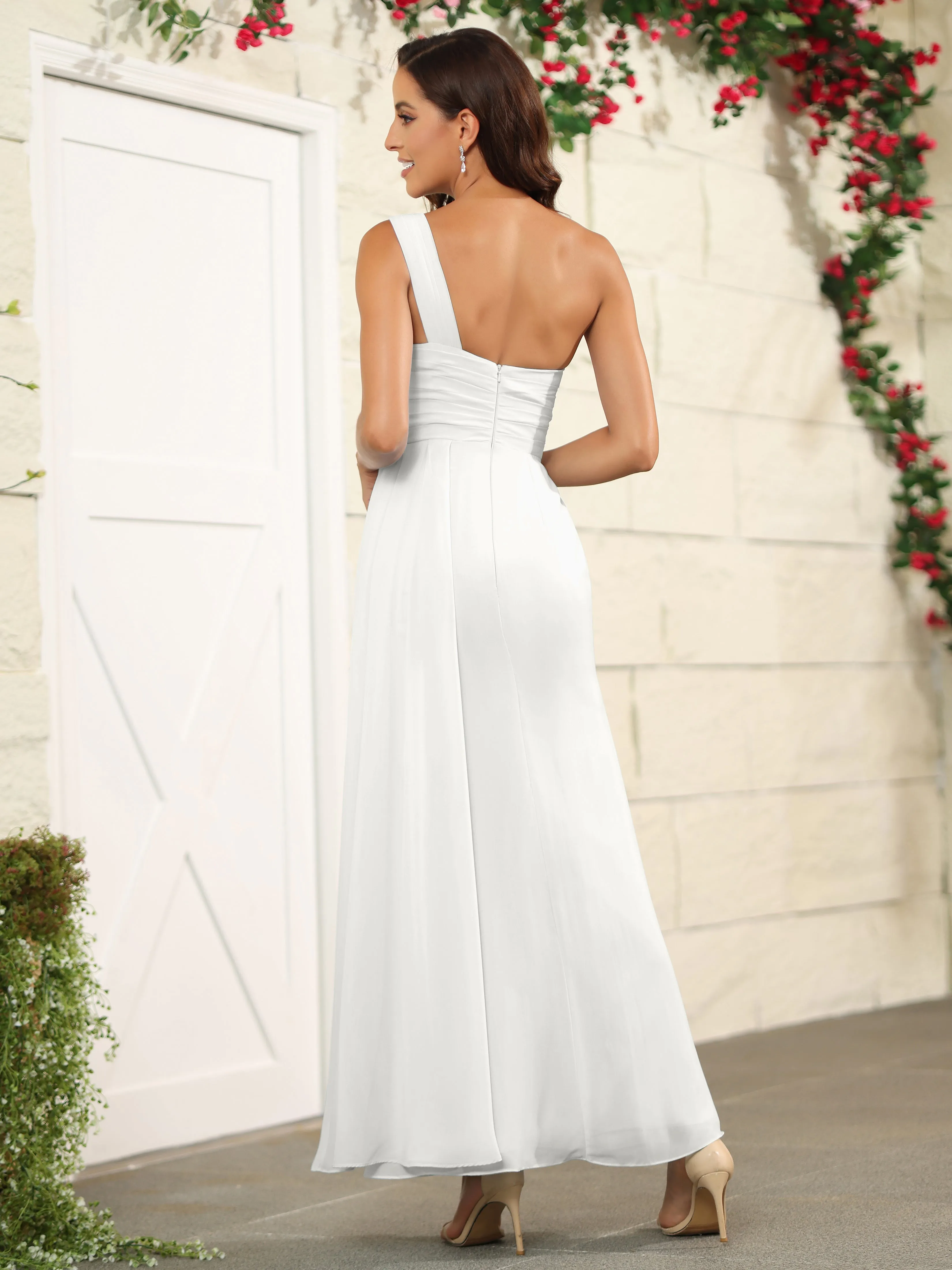 One Shoulder Chiffon Long Bridesmaid Dress with Split