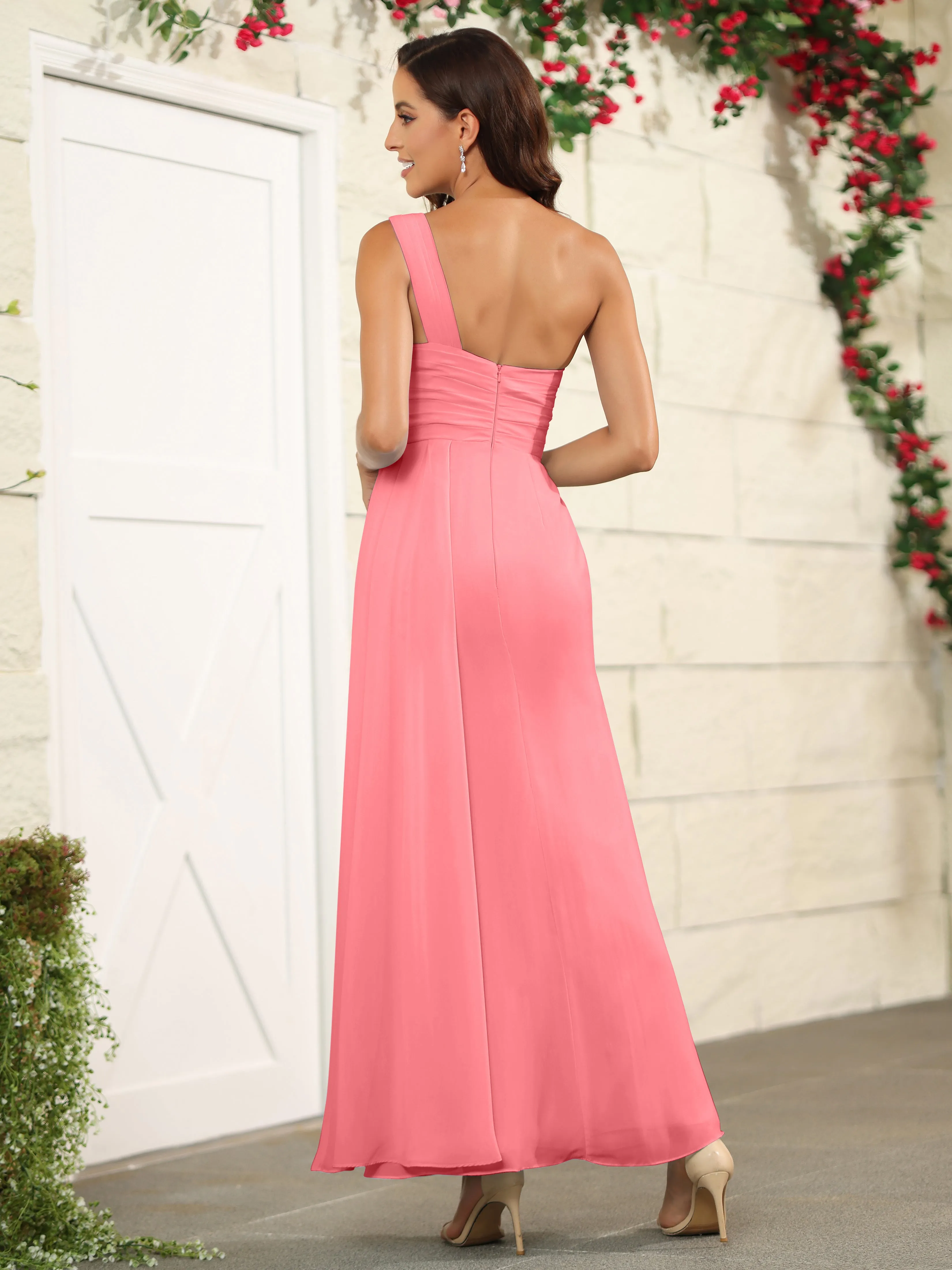 One Shoulder Chiffon Long Bridesmaid Dress with Split