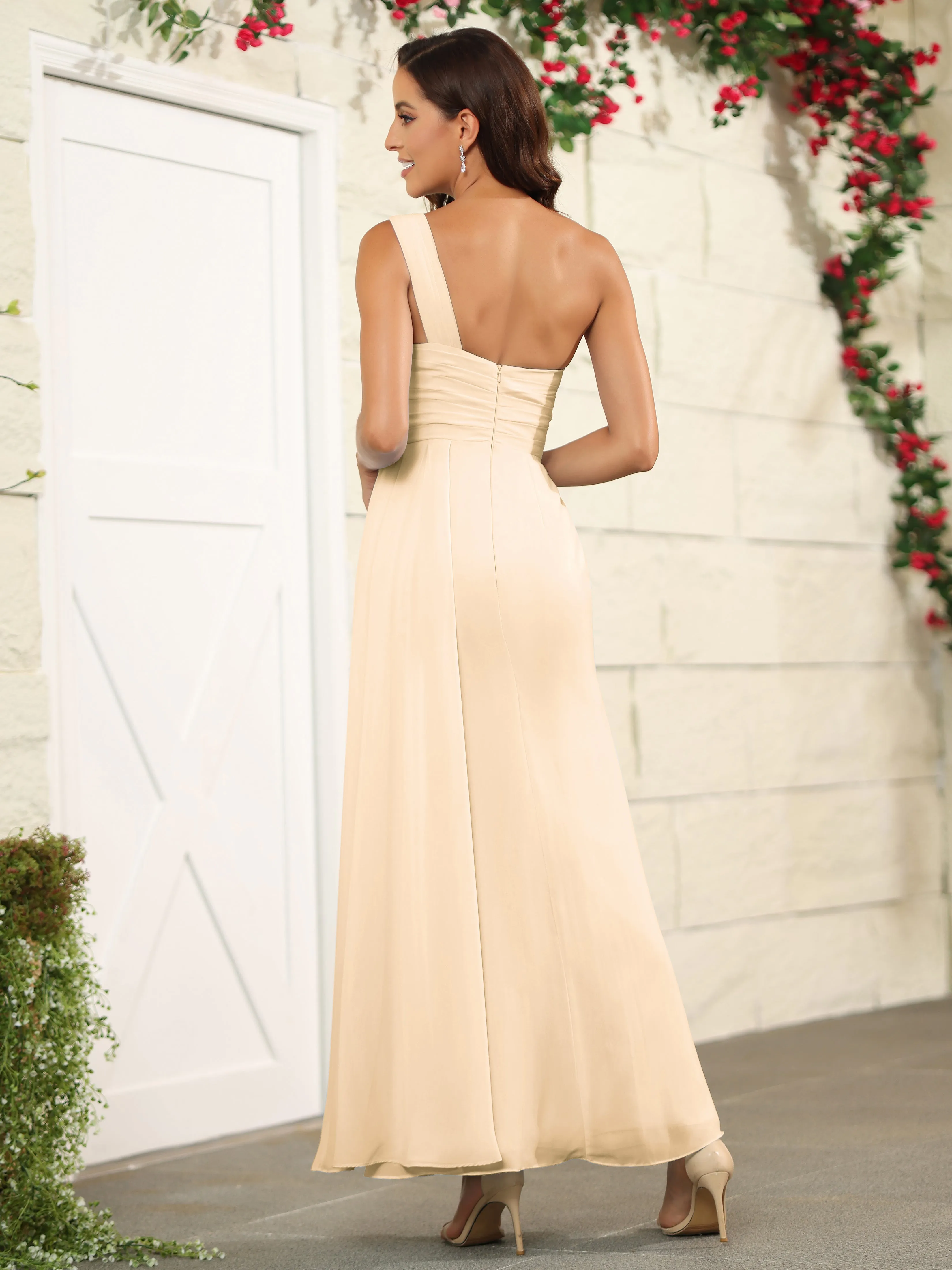 One Shoulder Chiffon Long Bridesmaid Dress with Split