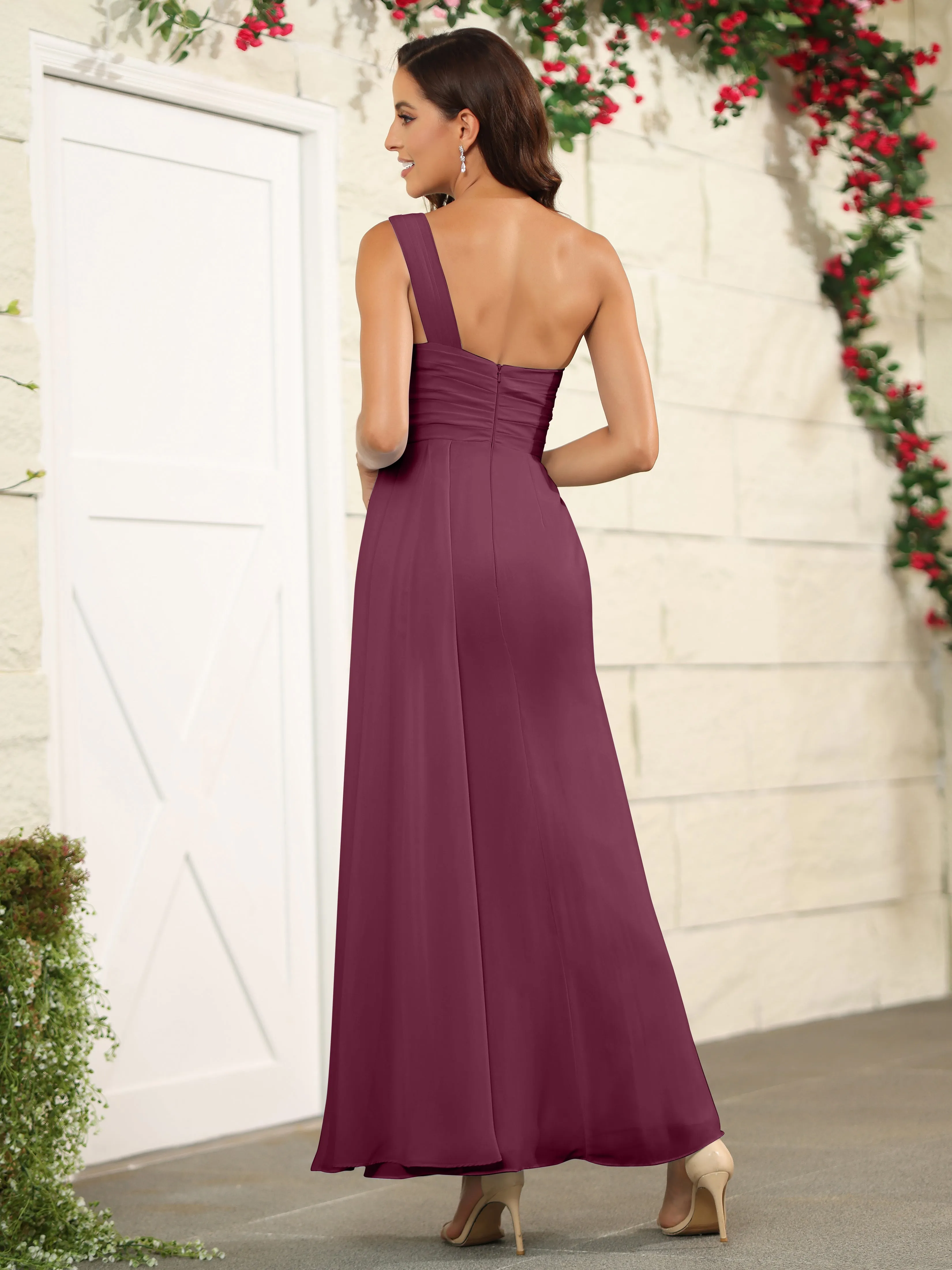 One Shoulder Chiffon Long Bridesmaid Dress with Split