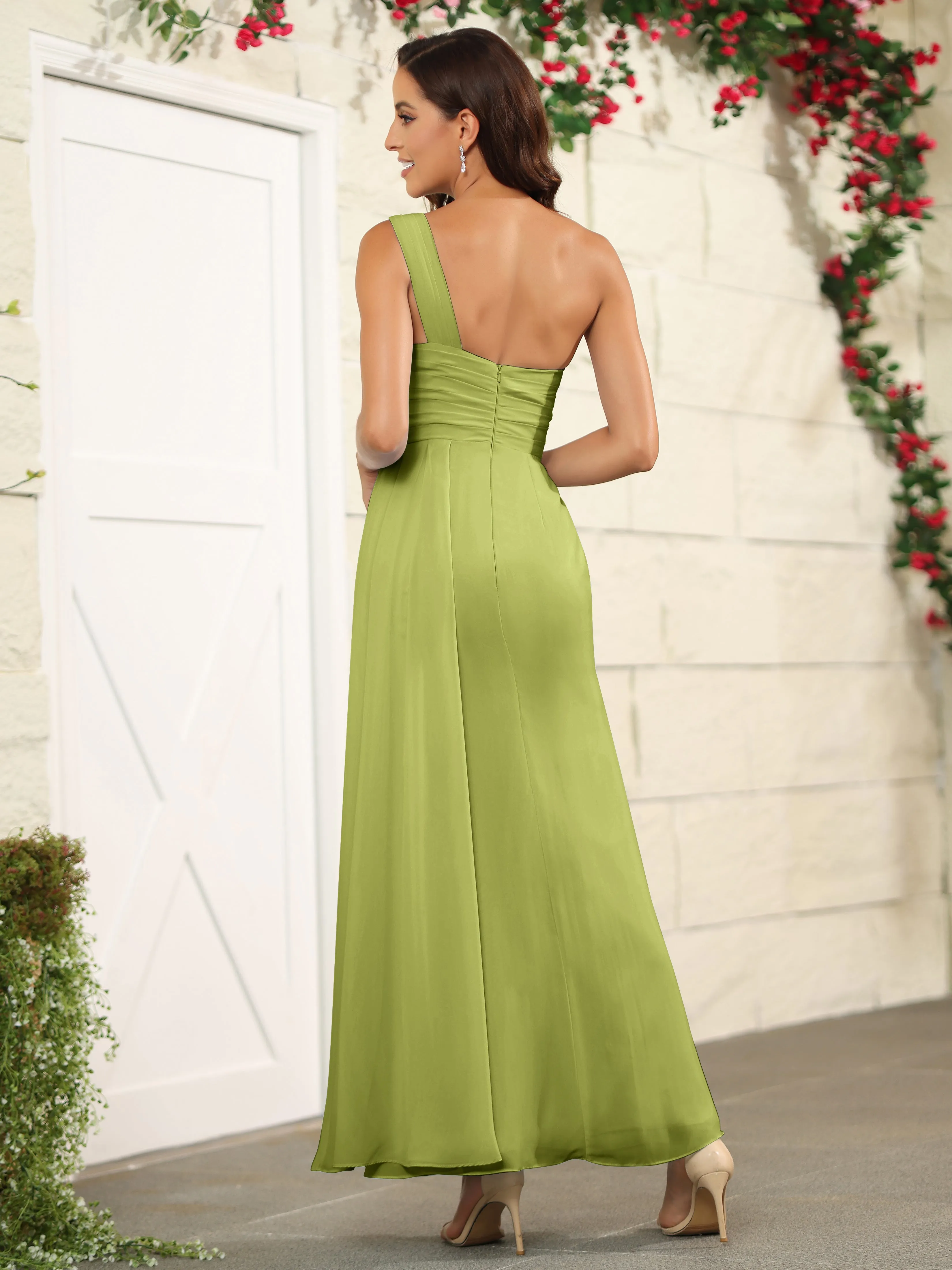 One Shoulder Chiffon Long Bridesmaid Dress with Split