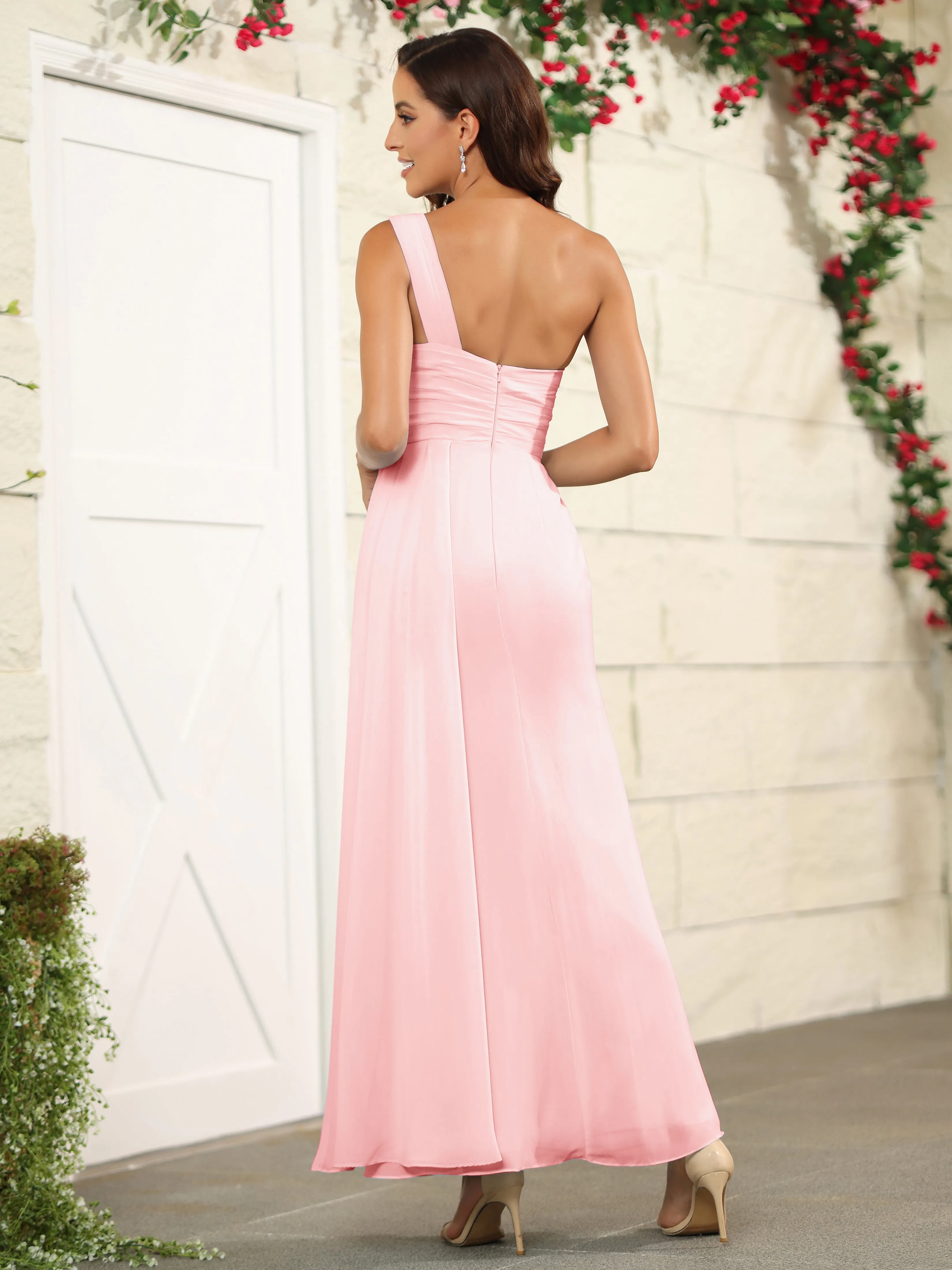 One Shoulder Chiffon Long Bridesmaid Dress with Split
