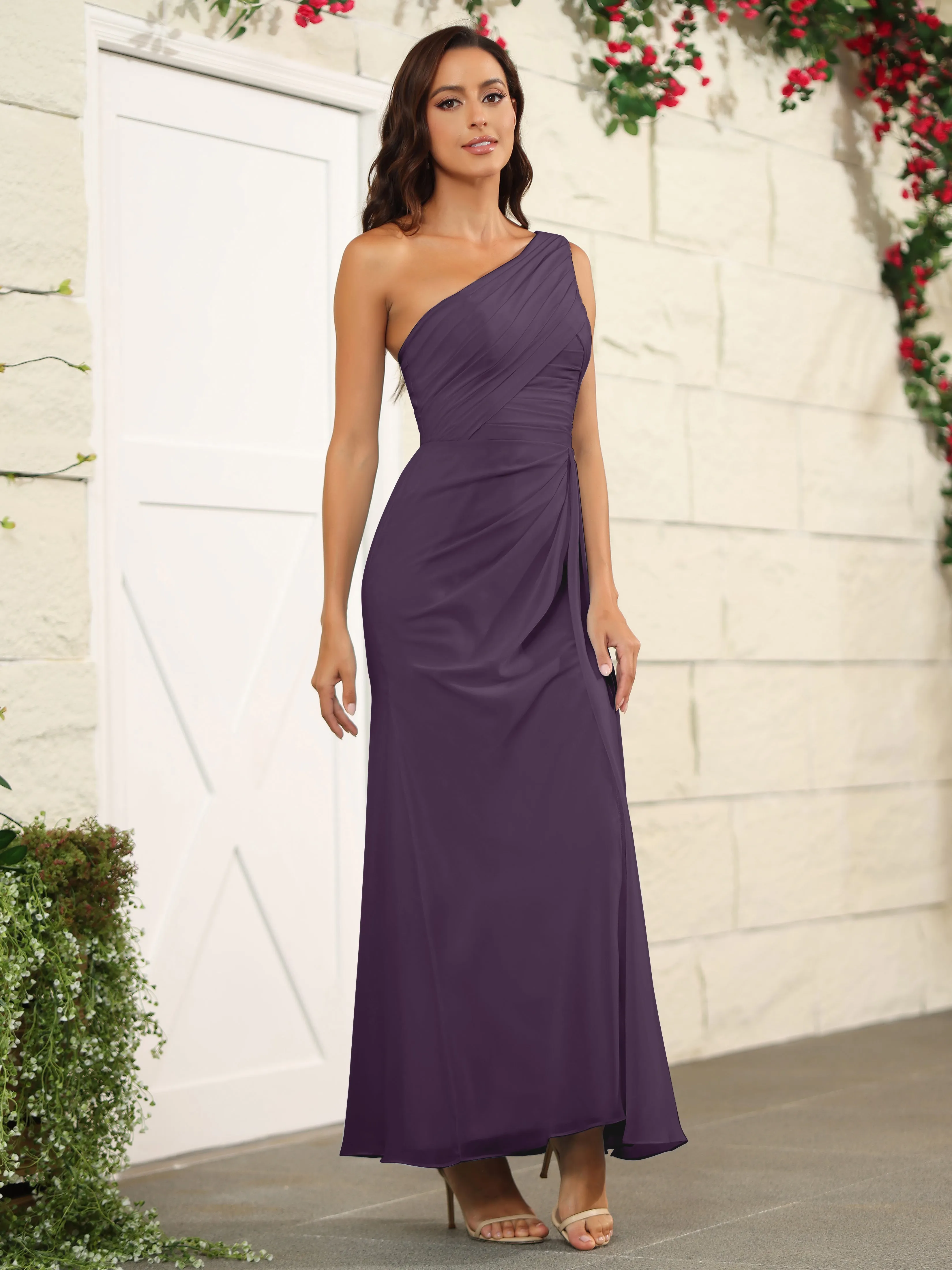 One Shoulder Chiffon Long Bridesmaid Dress with Split
