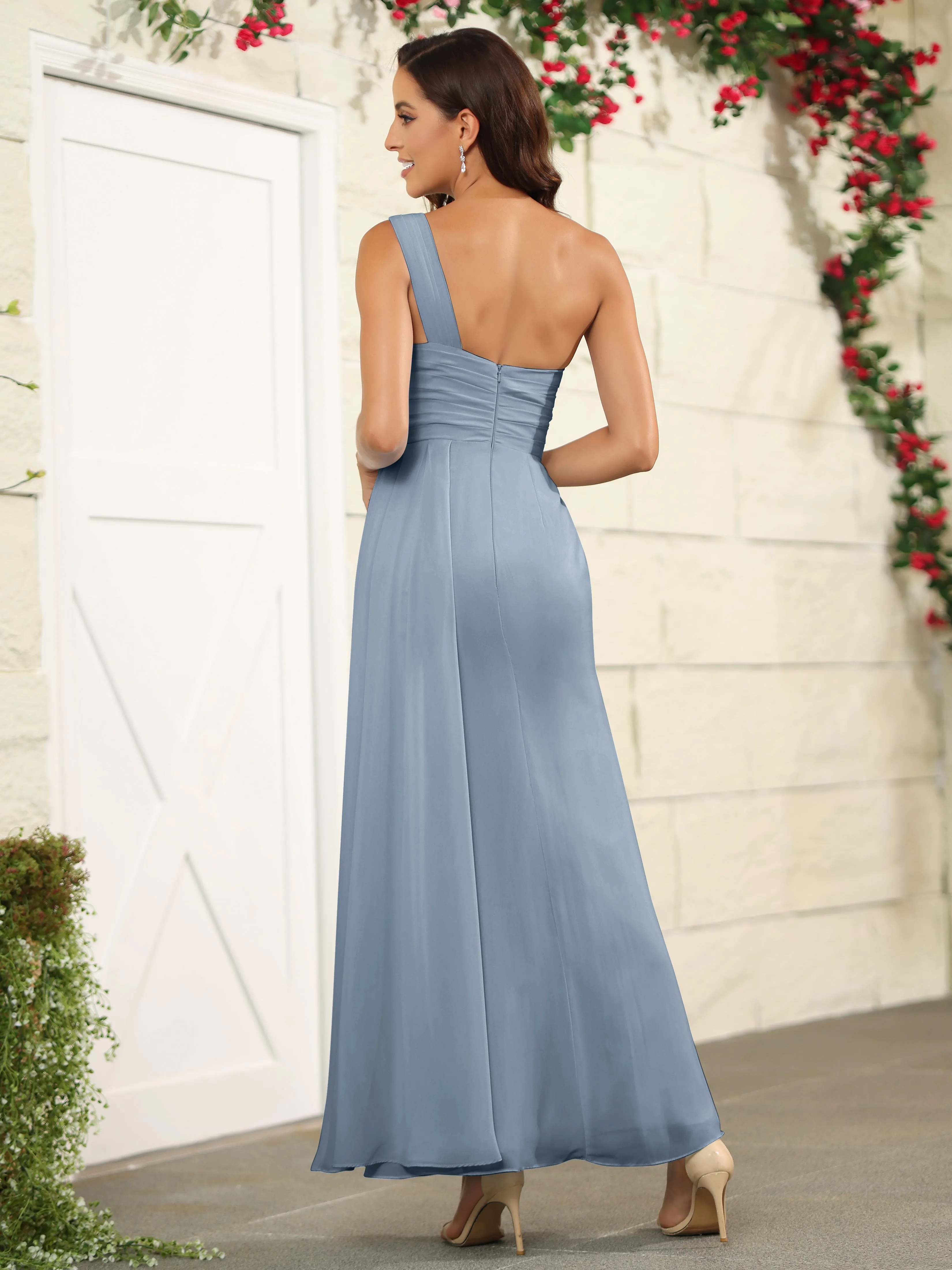 One Shoulder Chiffon Long Bridesmaid Dress with Split