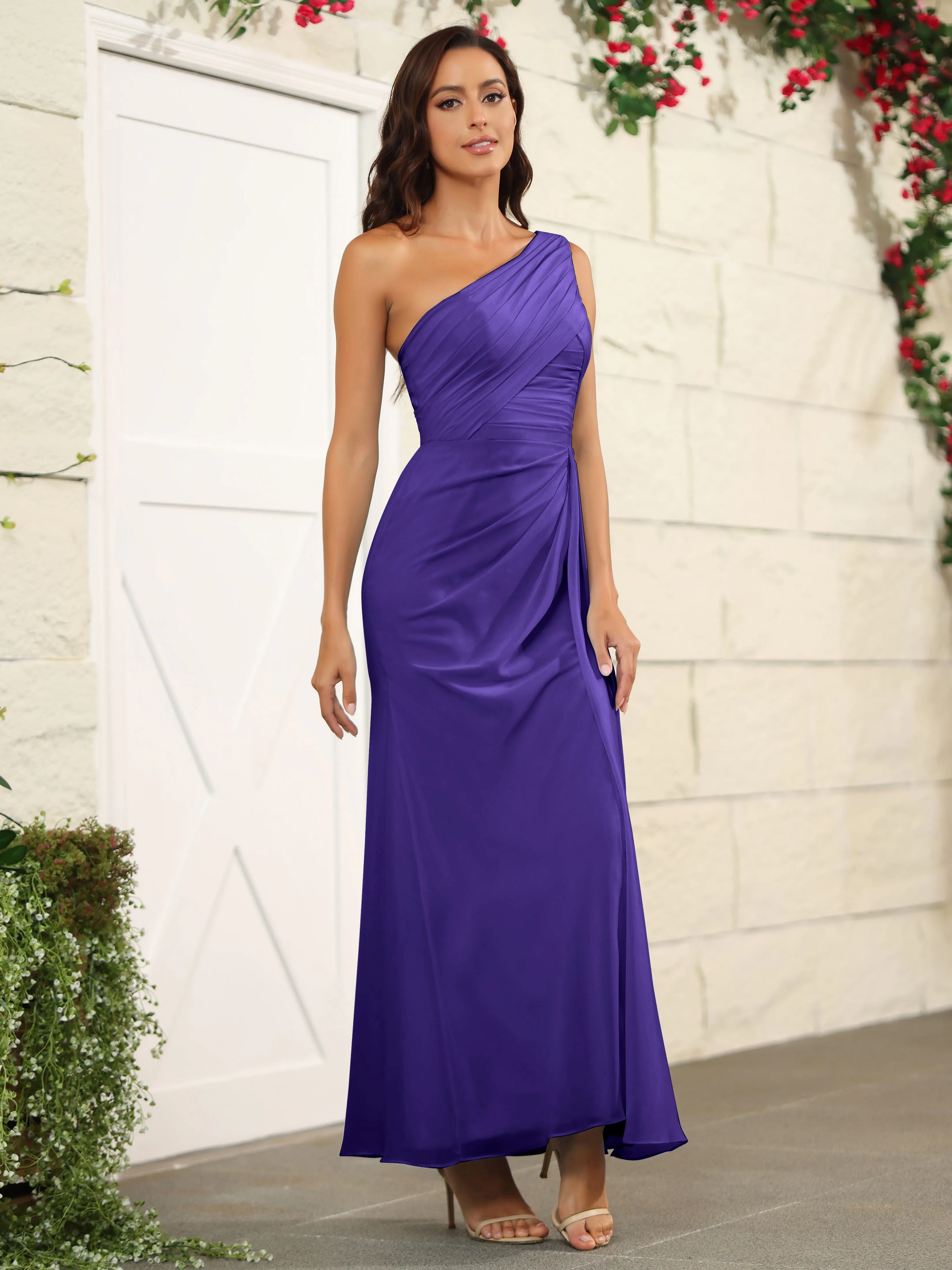 One Shoulder Chiffon Long Bridesmaid Dress with Split