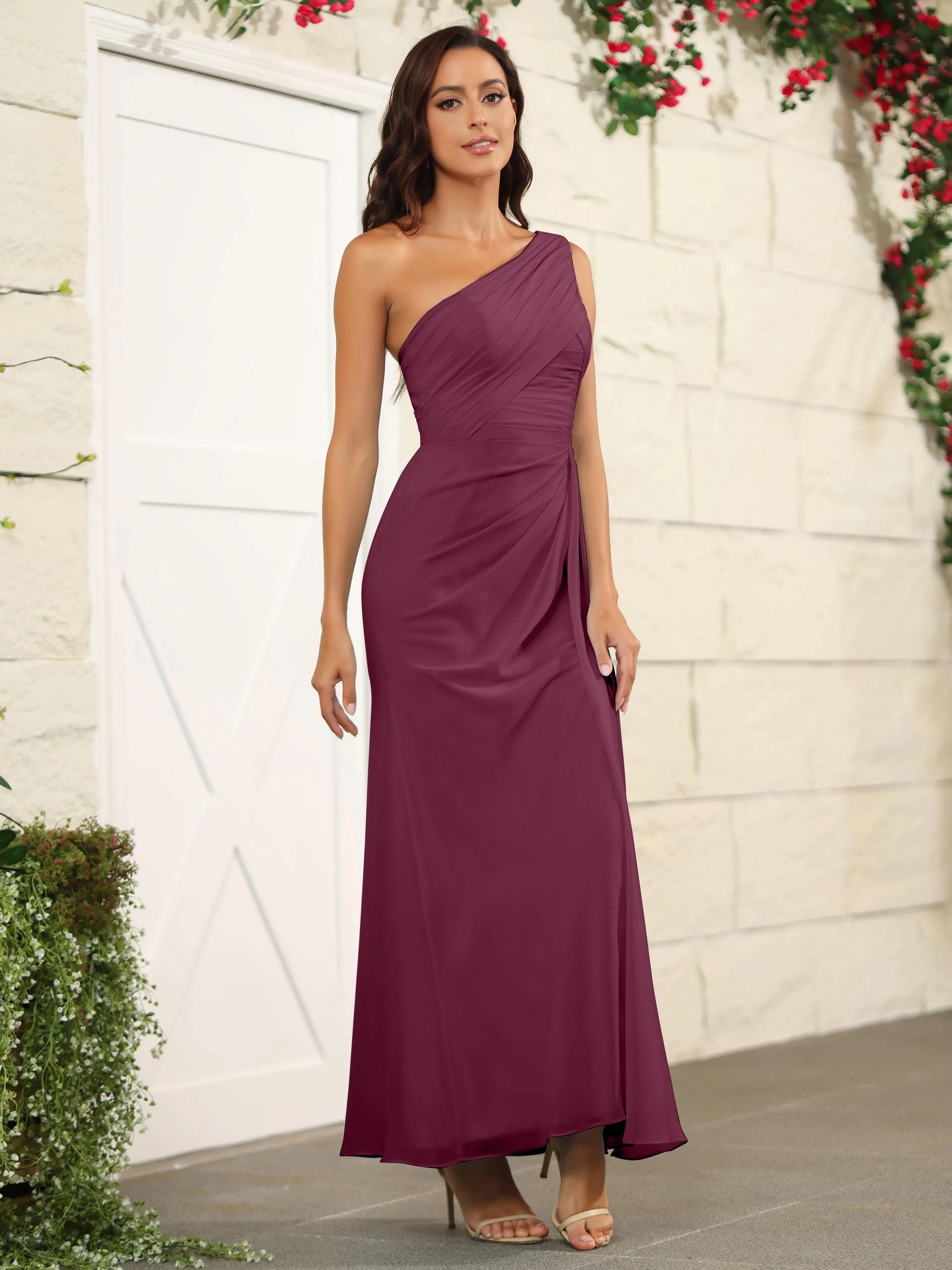 One Shoulder Chiffon Long Bridesmaid Dress with Split