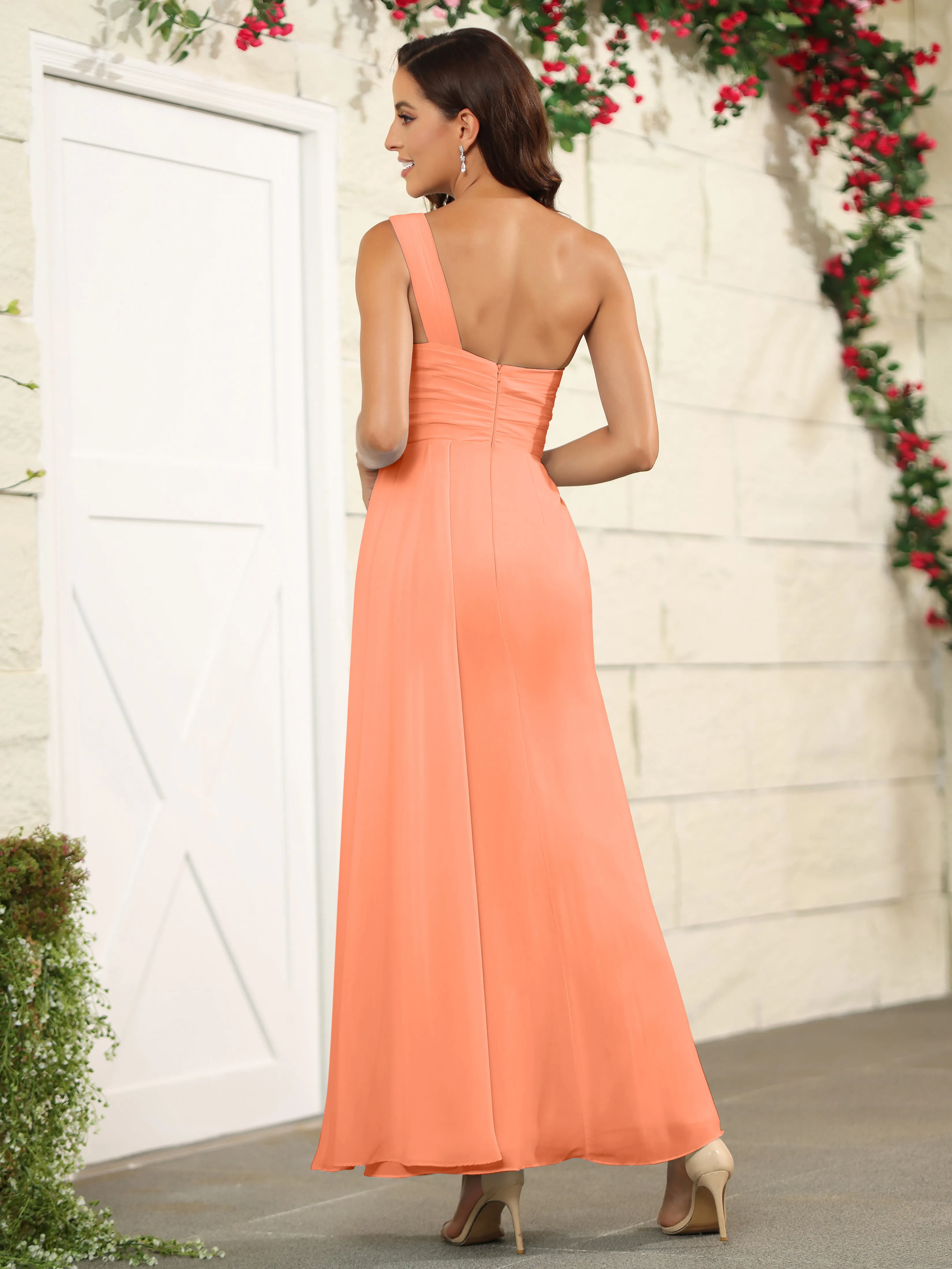 One Shoulder Chiffon Long Bridesmaid Dress with Split