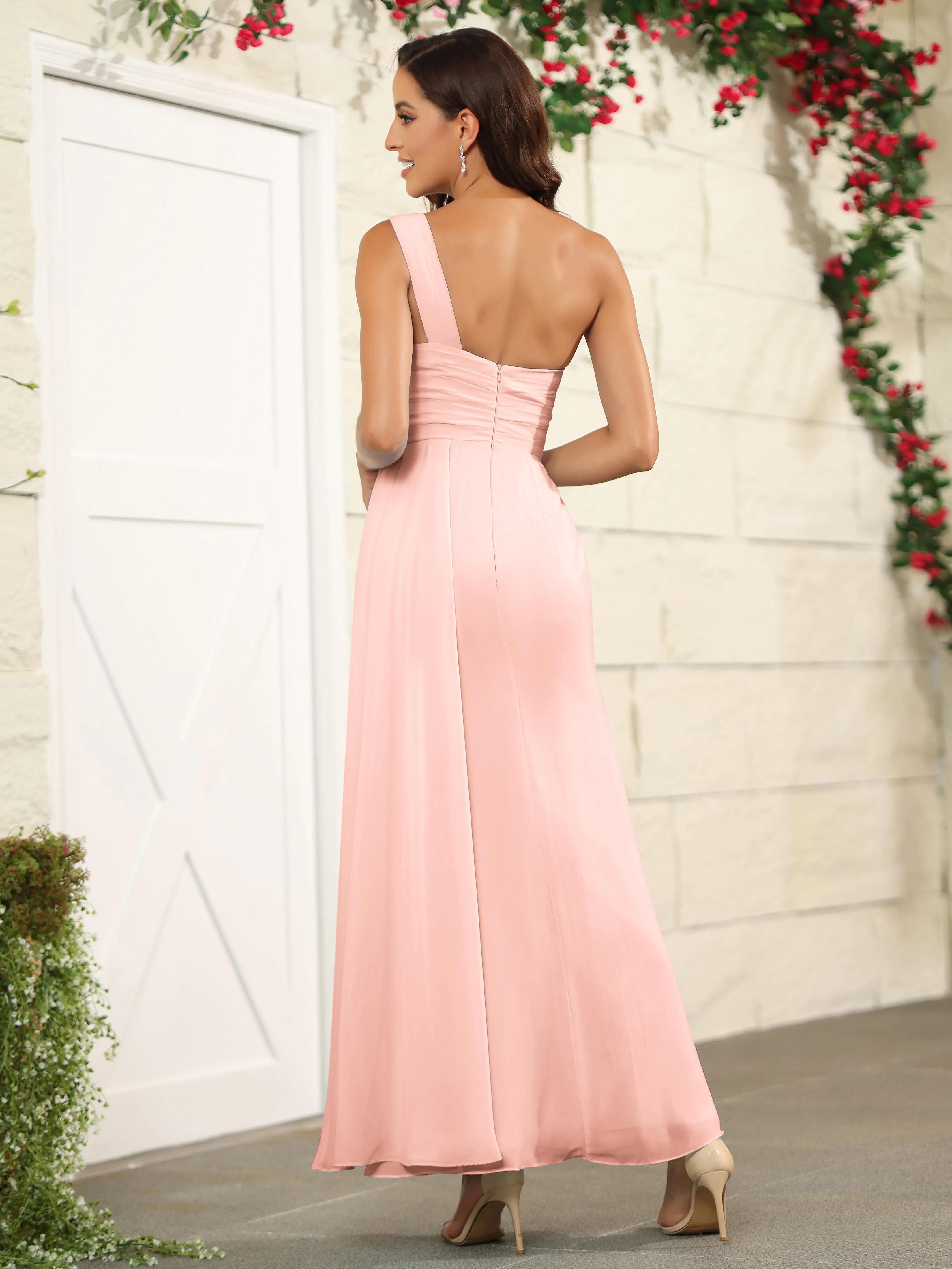 One Shoulder Chiffon Long Bridesmaid Dress with Split