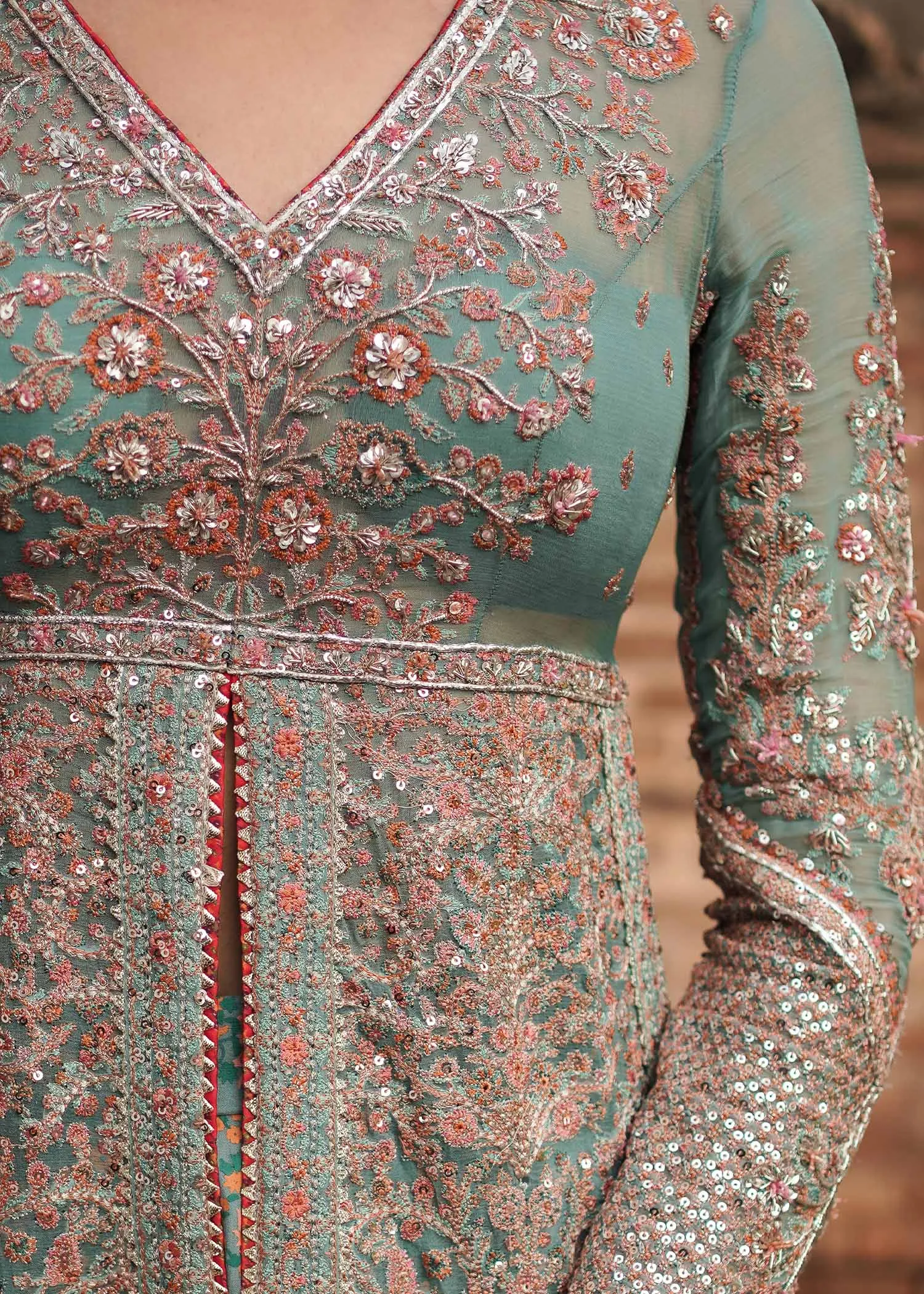 Pakistani Bridal Dress in Open Kameez and Sharara Style