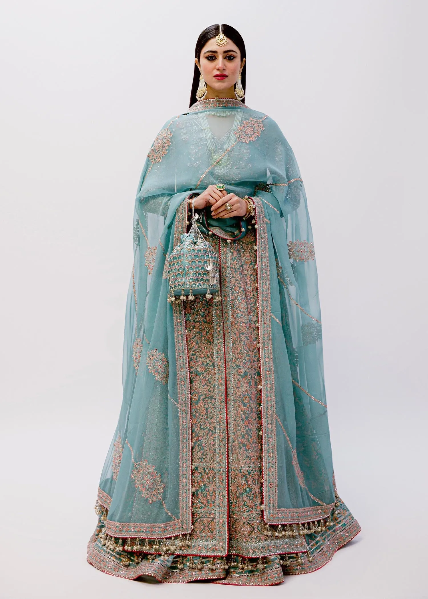 Pakistani Bridal Dress in Open Kameez and Sharara Style