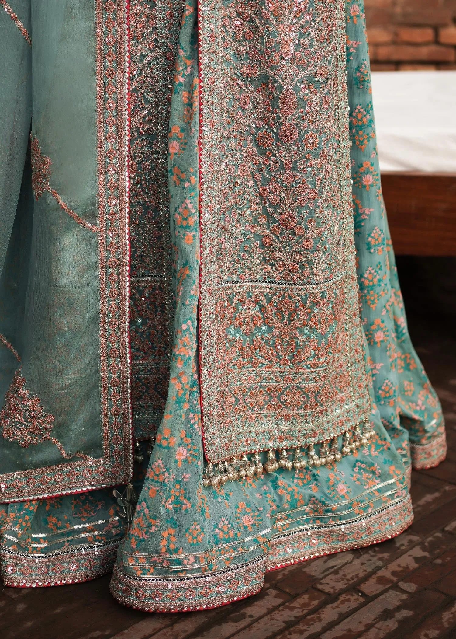 Pakistani Bridal Dress in Open Kameez and Sharara Style