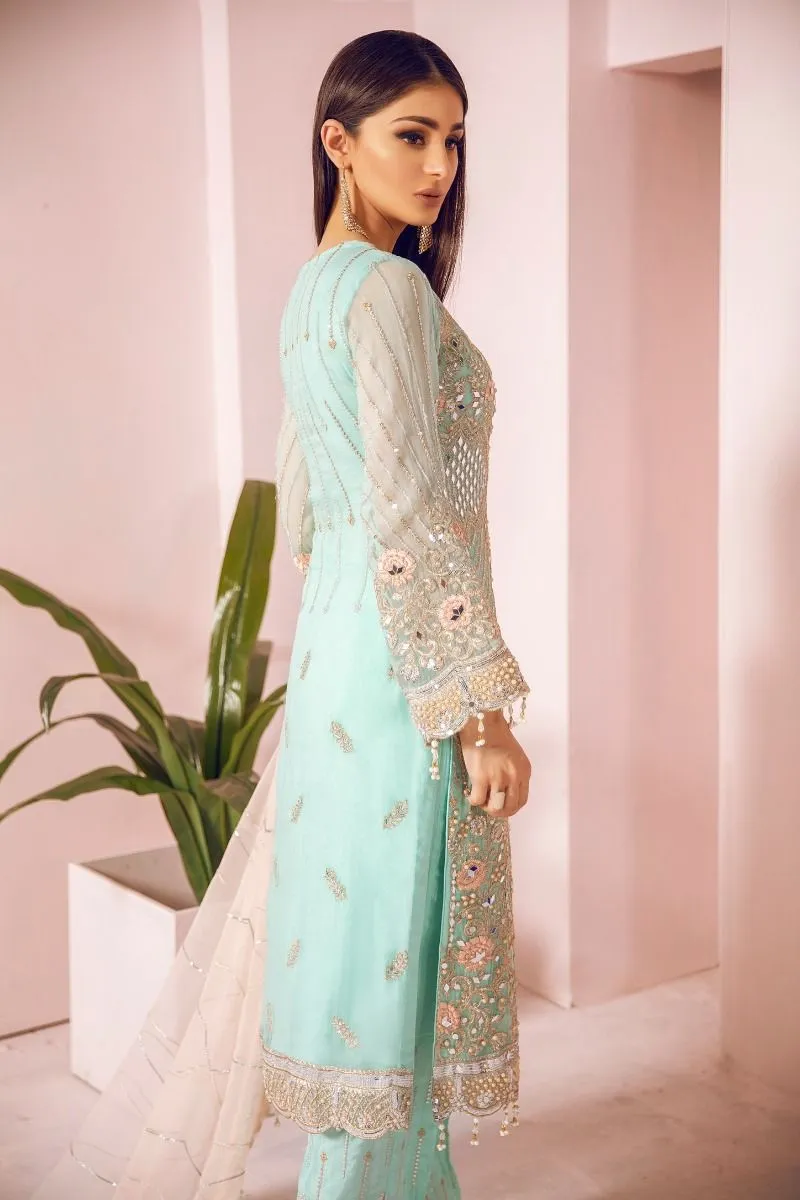 Pakistani Chiffon Party Wear in Turquoise Color #J4344