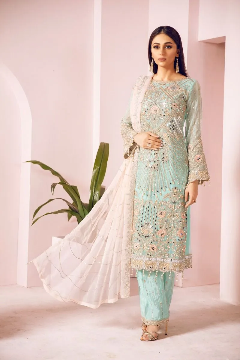 Pakistani Chiffon Party Wear in Turquoise Color #J4344