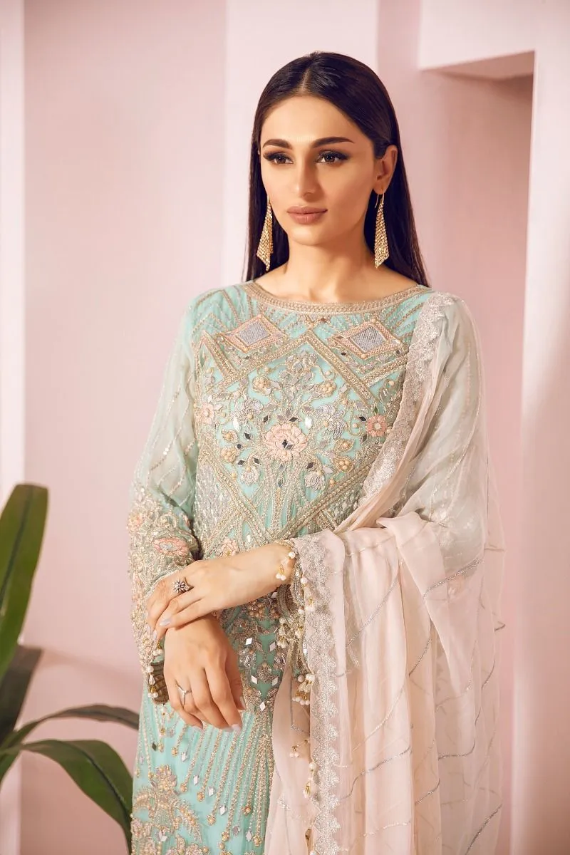 Pakistani Chiffon Party Wear in Turquoise Color #J4344