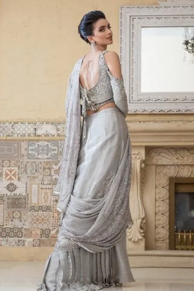 Pakistani Designer Bridal Saree in Silver Color #N7080