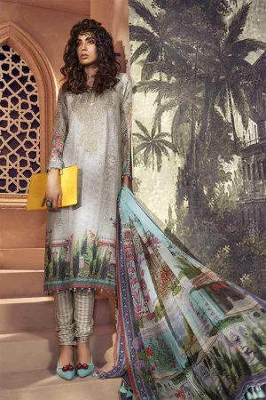 Pakistani designer karandi dress digitally printed in grey color # P2360