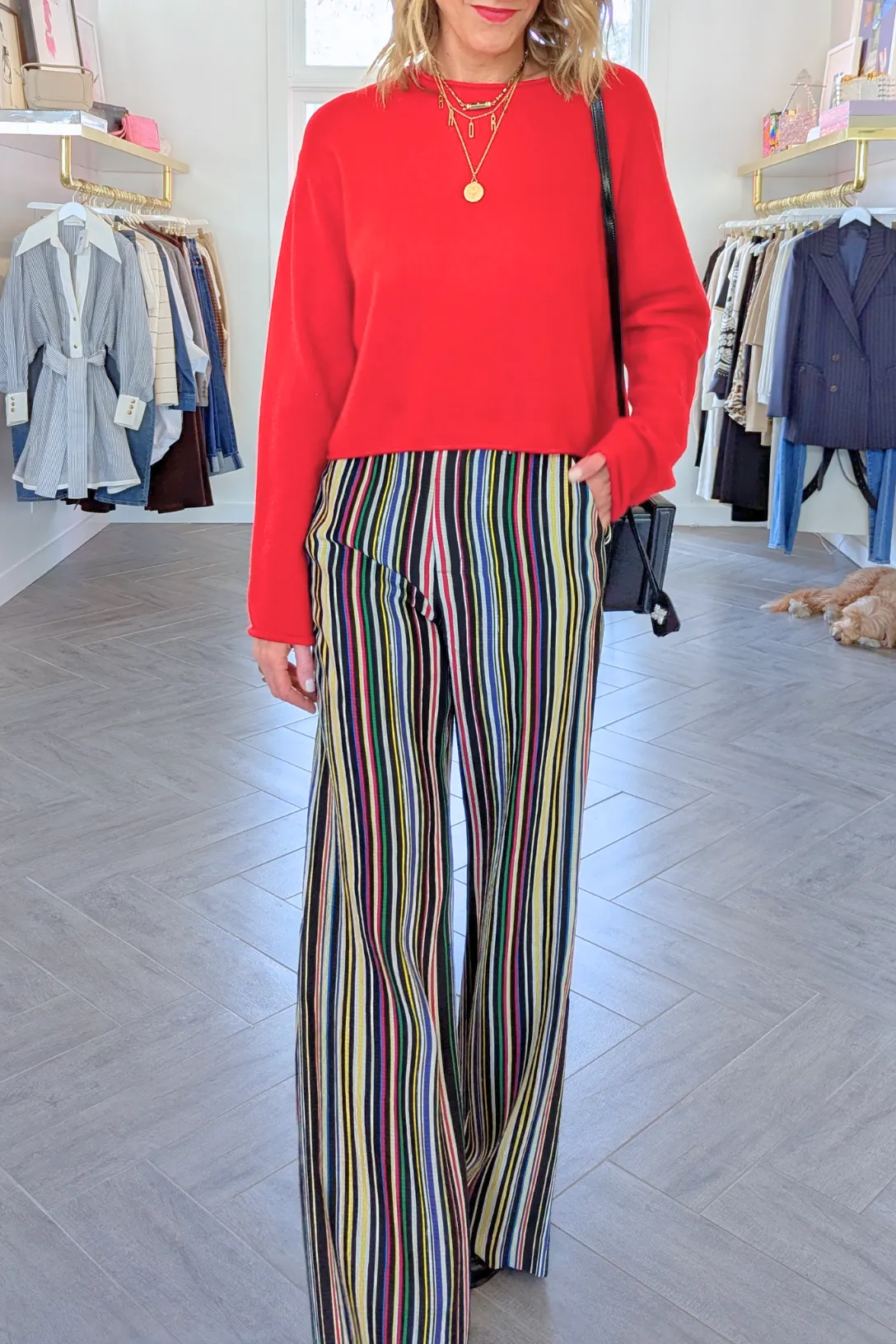 Paneled and Piped Flare Pant | Multi Stripe