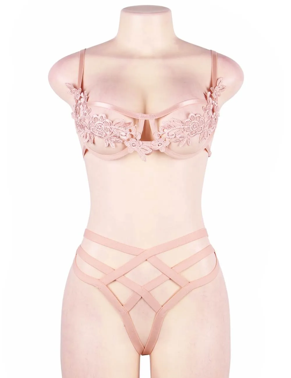 Pink Elegant Embroidery Fashion Bra Set With Underwire
