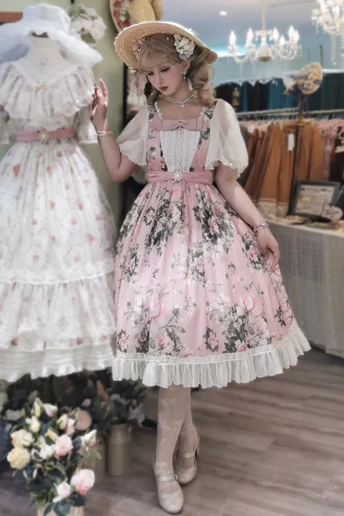 Pink Elegant Vintage French Rose Print Square Collar Ruffled Classic Lolita OP Dress