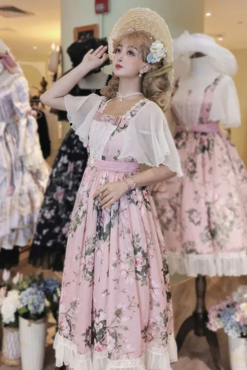 Pink Elegant Vintage French Rose Print Square Collar Ruffled Classic Lolita OP Dress
