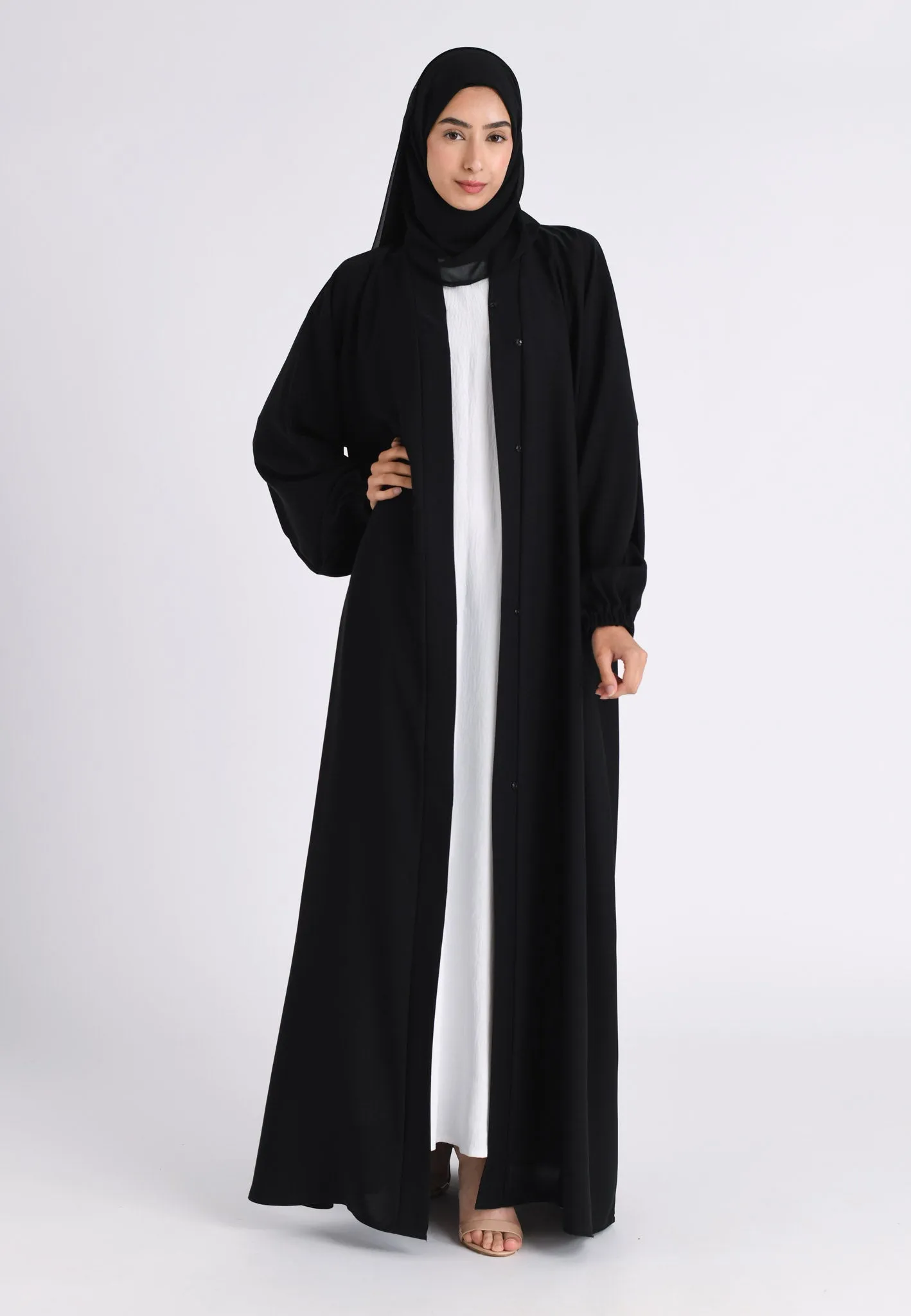 Plain Black Open Abaya With Elasticated Cuff Sleeves (Premium)