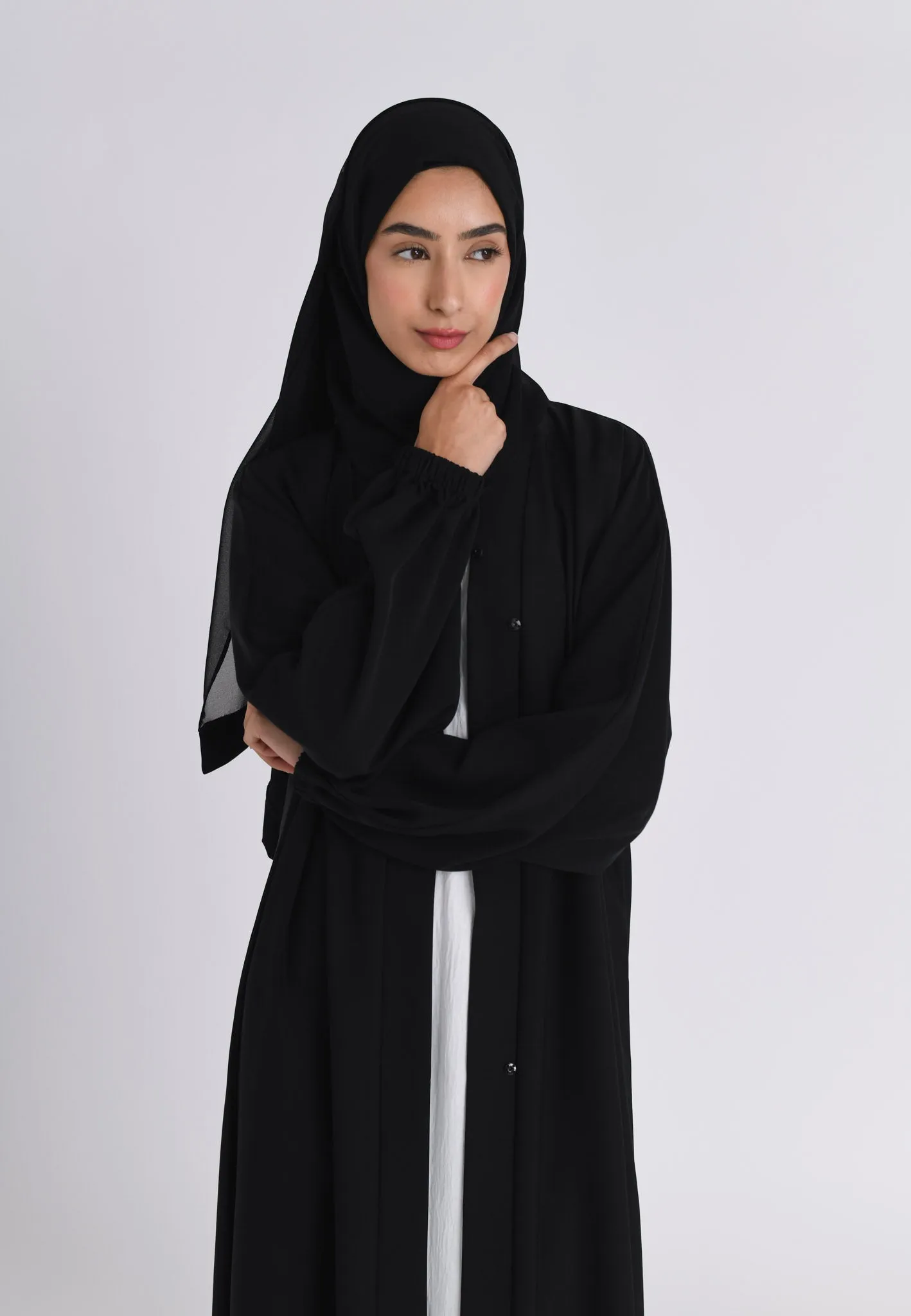 Plain Black Open Abaya With Elasticated Cuff Sleeves (Premium)