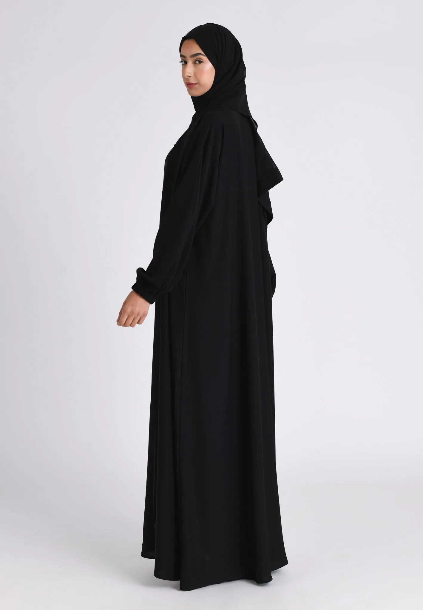 Plain Black Open Abaya With Elasticated Cuff Sleeves (Premium)