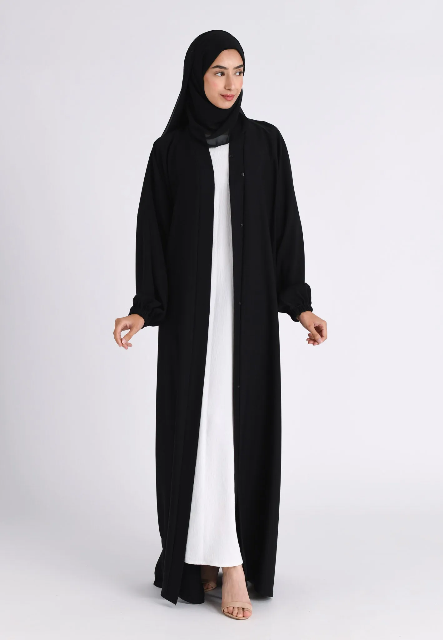 Plain Black Open Abaya With Elasticated Cuff Sleeves (Premium)