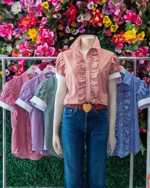 Pleated Sleeve Gingham Ruffle
