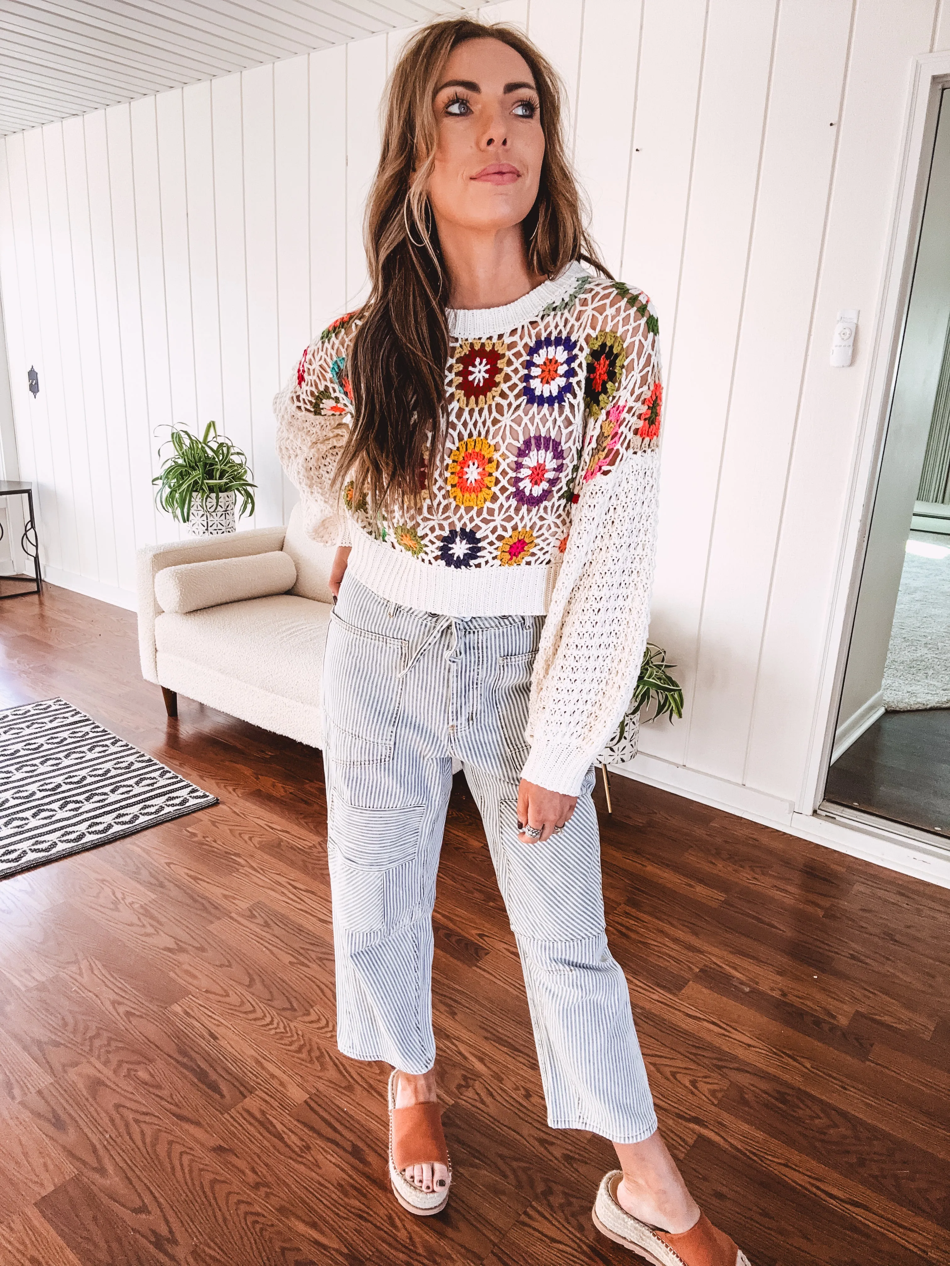Puff Sleeve Multi Granny Crochet Knit Pullover