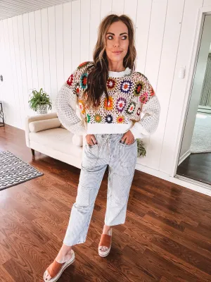 Puff Sleeve Multi Granny Crochet Knit Pullover