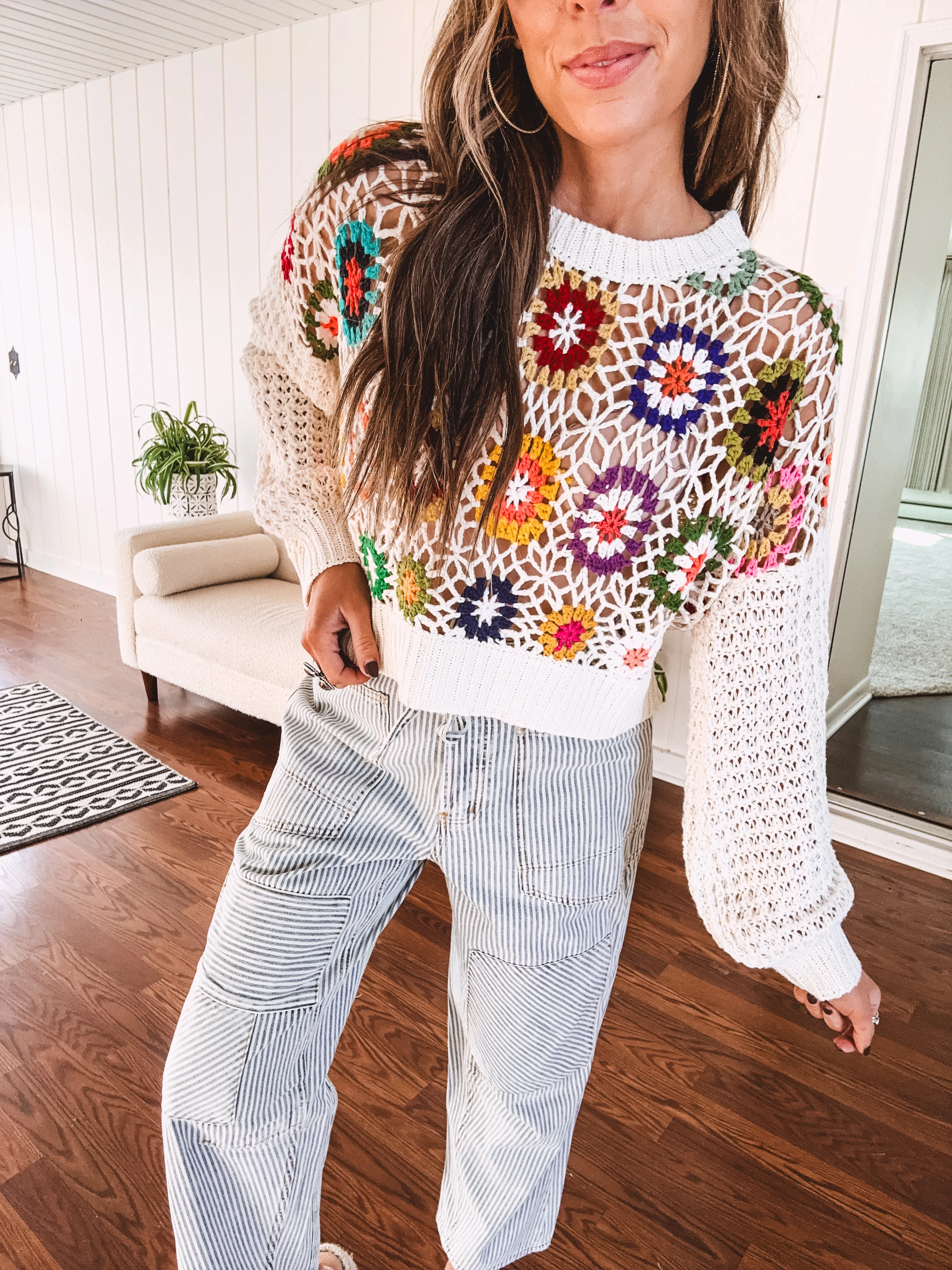Puff Sleeve Multi Granny Crochet Knit Pullover