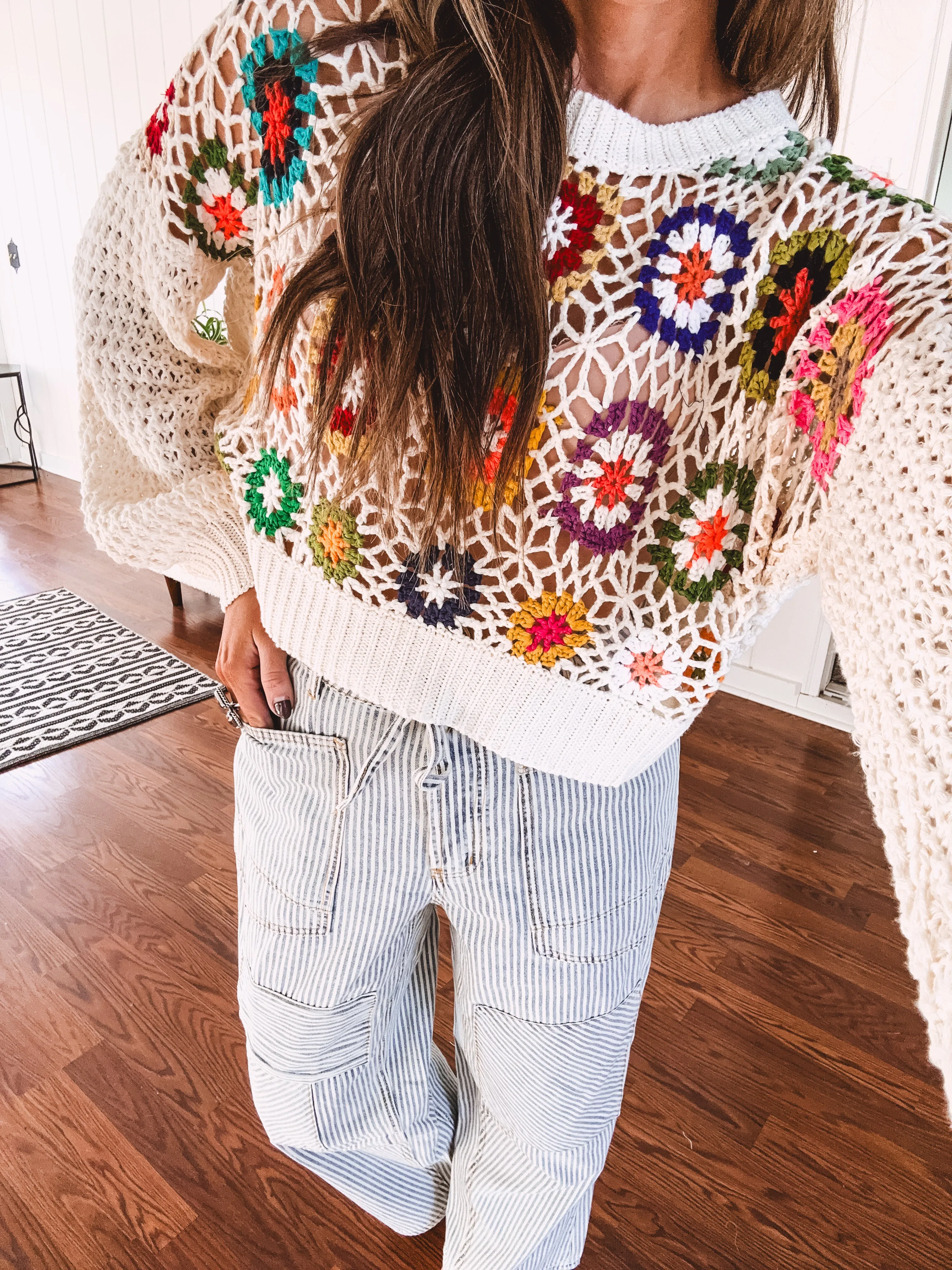Puff Sleeve Multi Granny Crochet Knit Pullover