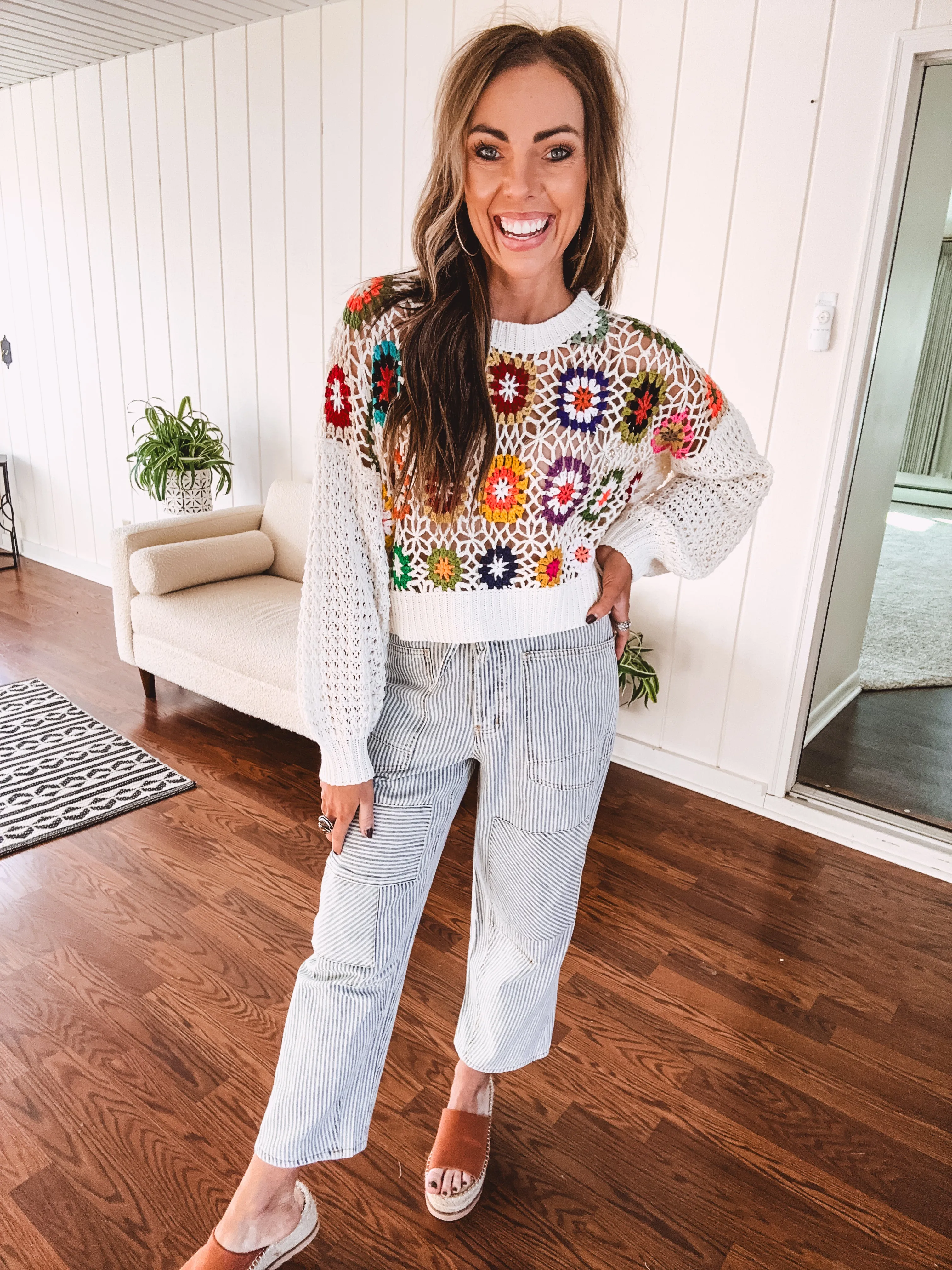 Puff Sleeve Multi Granny Crochet Knit Pullover