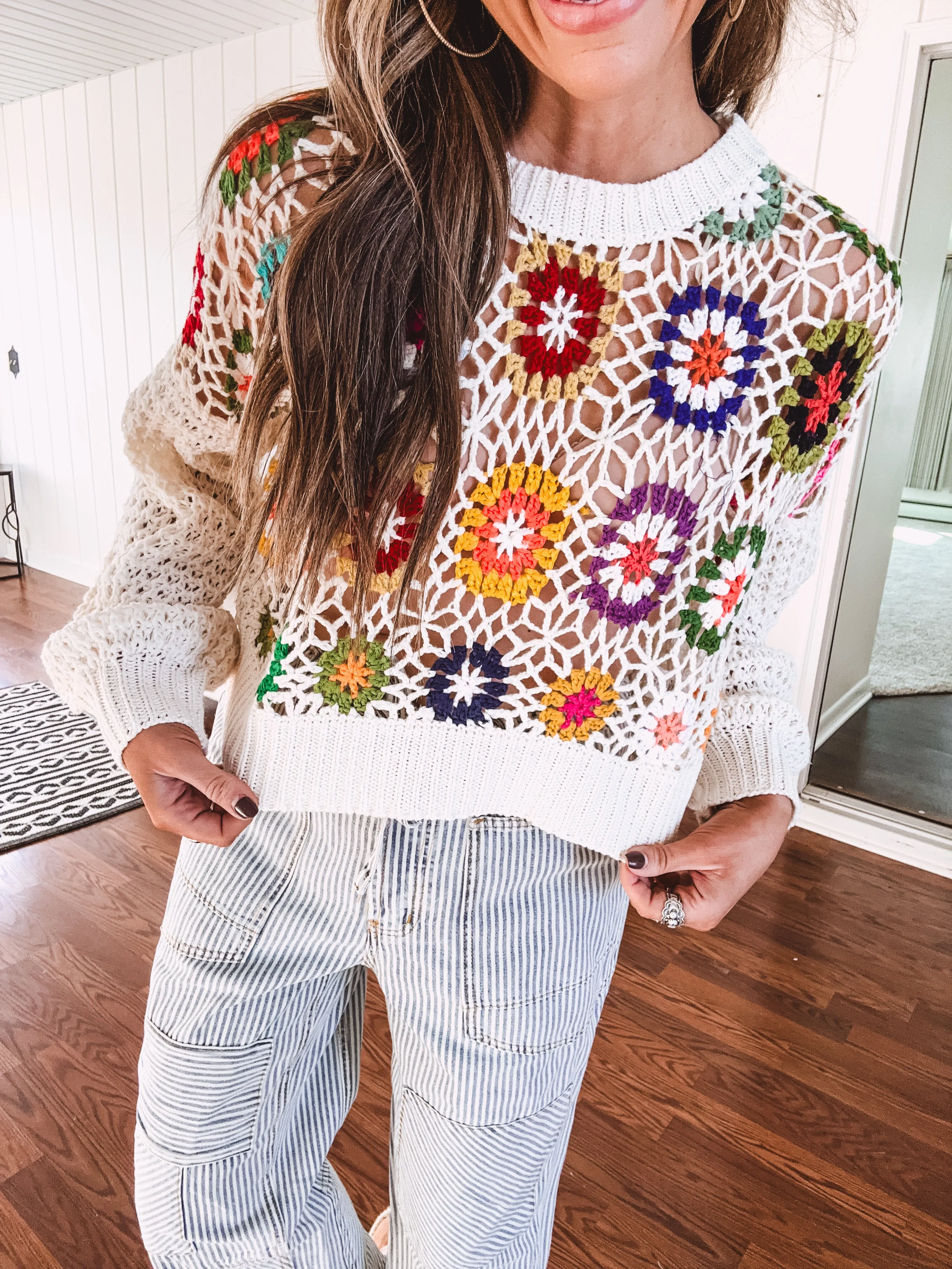 Puff Sleeve Multi Granny Crochet Knit Pullover