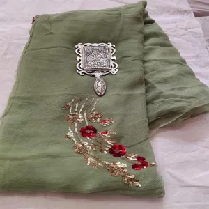 Rajputi Chiffon Handwork Saree In Green