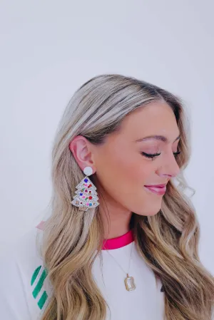 Rhinestone Christmas Tree Seed Bead Earrings - White