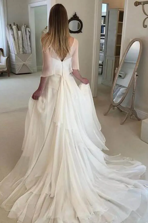 Roycebridal Simple Elegant Chiffon with Wrap Sleeve Beach Wedding Dresses  ,MW282