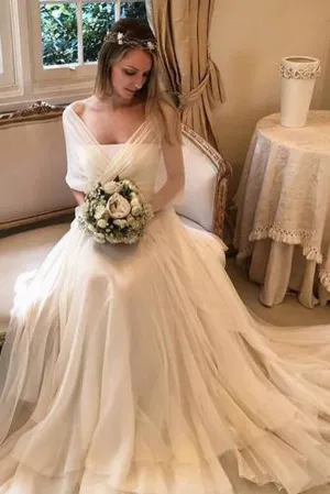 Roycebridal Simple Elegant Chiffon with Wrap Sleeve Beach Wedding Dresses  ,MW282